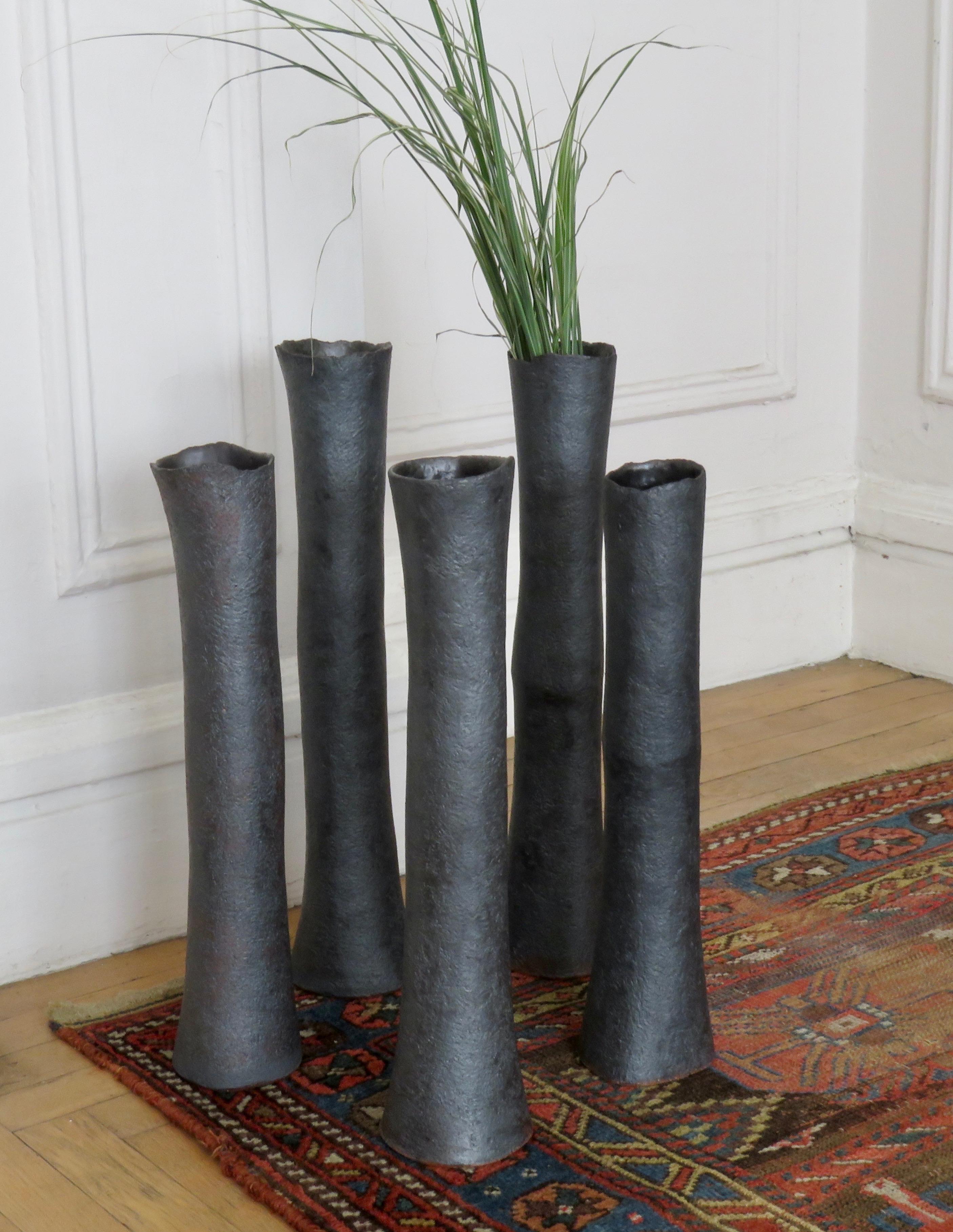 Tall, Tubular Metallic Black Ceramic Stoneware Vase, 19 3/8 Inches Tall 6