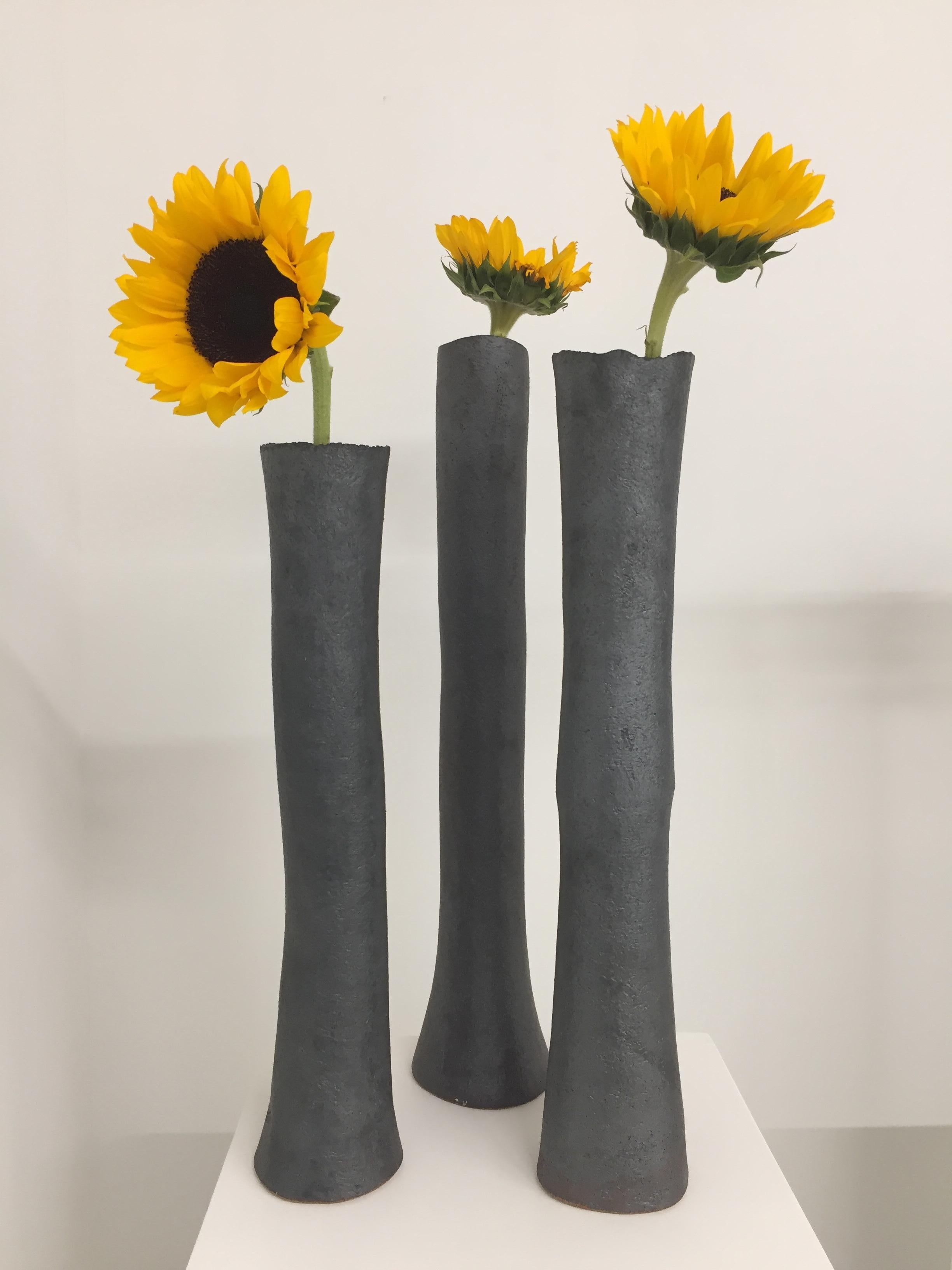 North American Tall, Tubular Metallic Black Stoneware Vase, 18 3/8 Inches High, Handbuilt