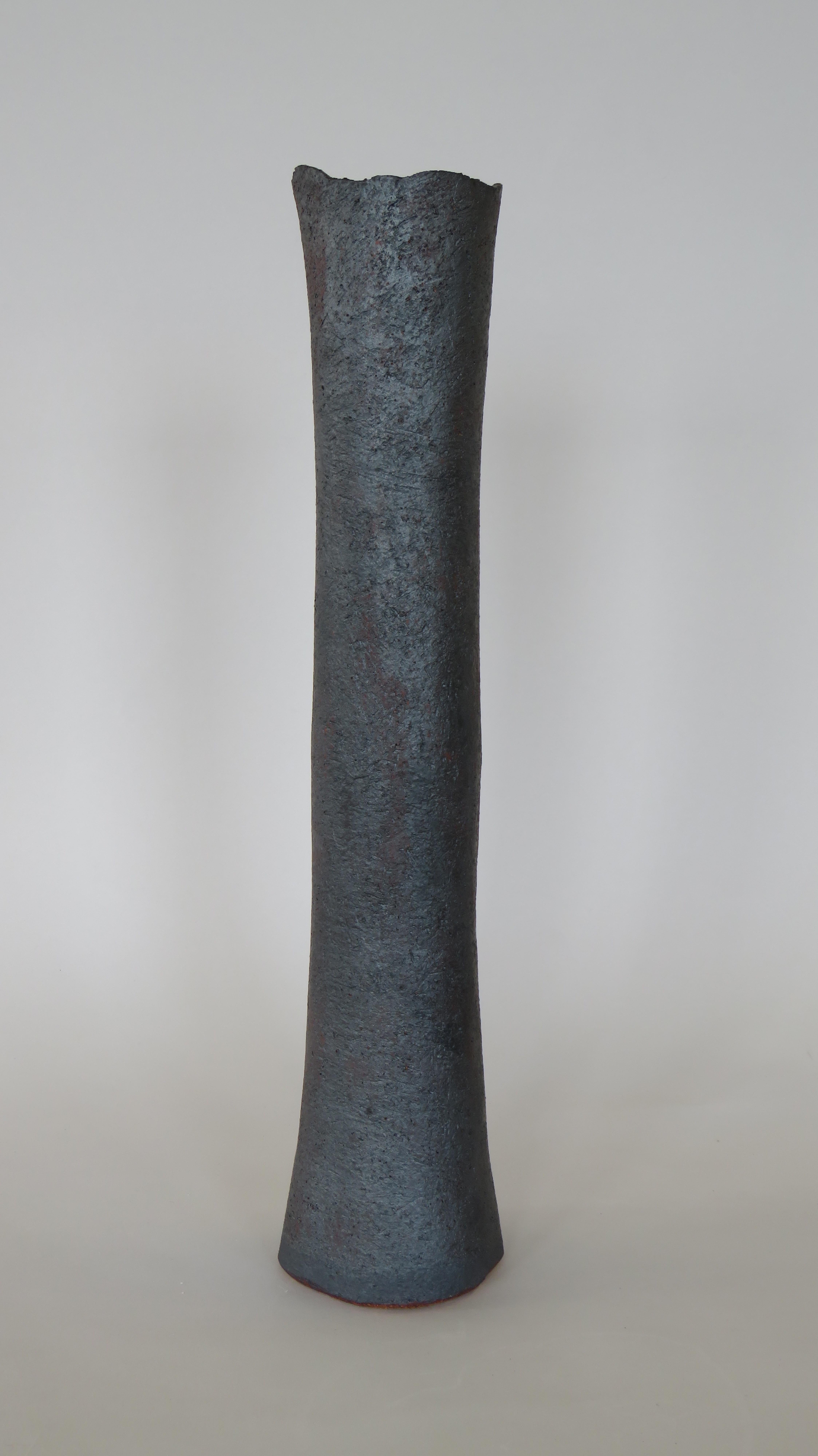 Tall, Tubular Metallic Black Stoneware Vase, 18 3/8 Inches High, Handbuilt In New Condition In New York, NY