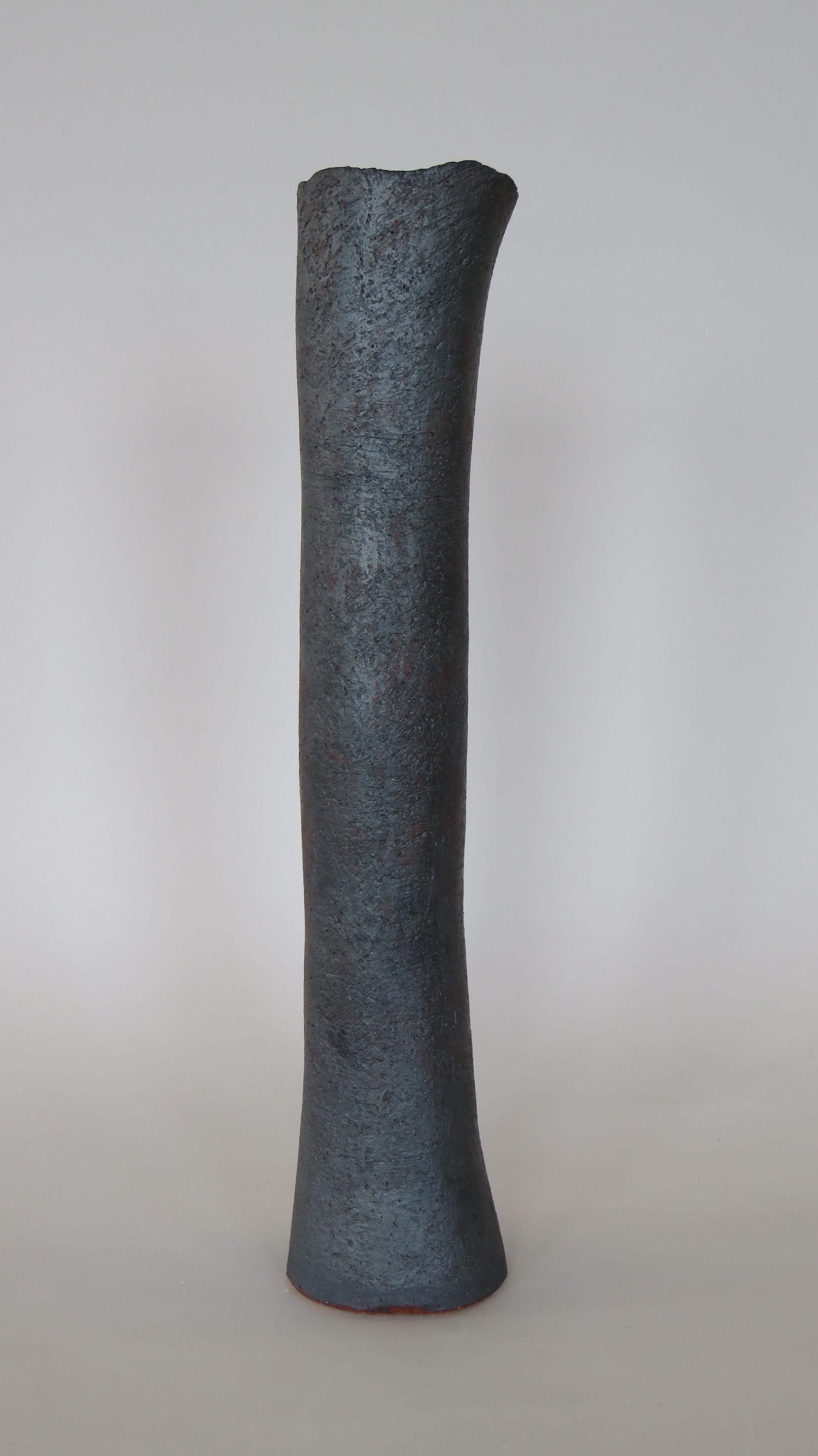 Contemporary Tall, Tubular Metallic Black Stoneware Vase, 18 3/8 Inches High, Handbuilt