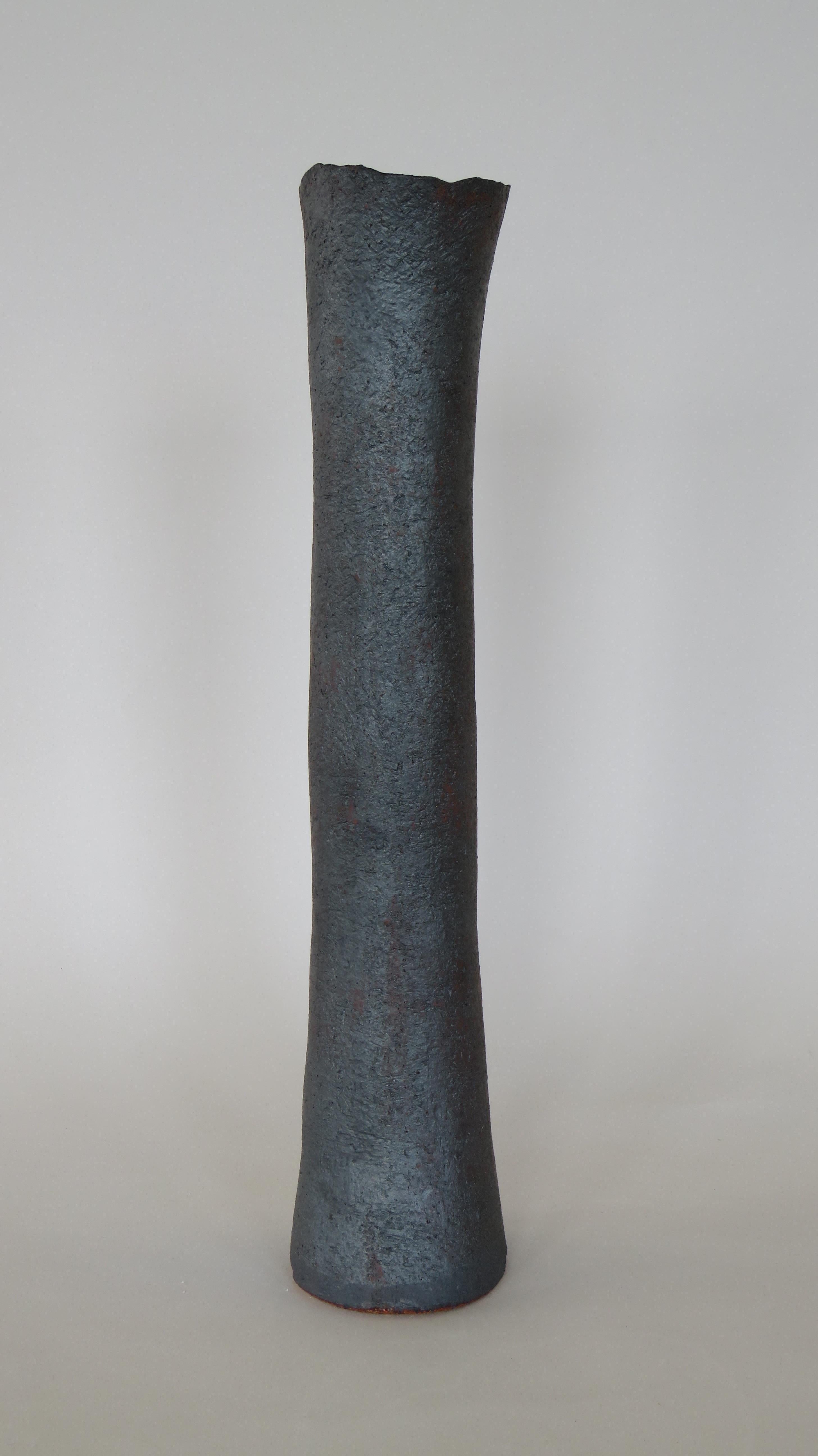 Ceramic Tall, Tubular Metallic Black Stoneware Vase, 18 3/8 Inches High, Handbuilt