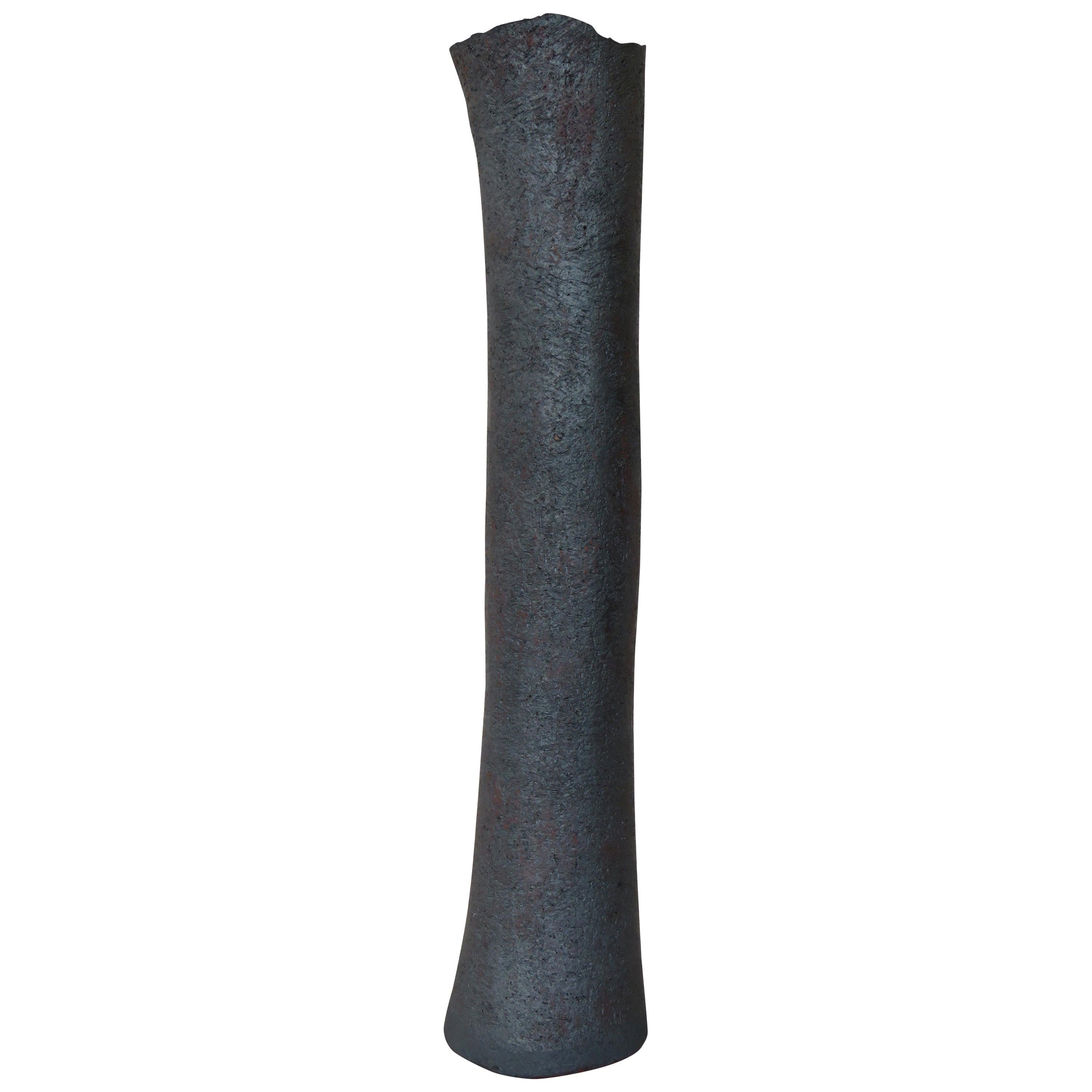 Tall, Tubular Metallic Black Stoneware Vase, 18 3/8 Inches High, Handbuilt