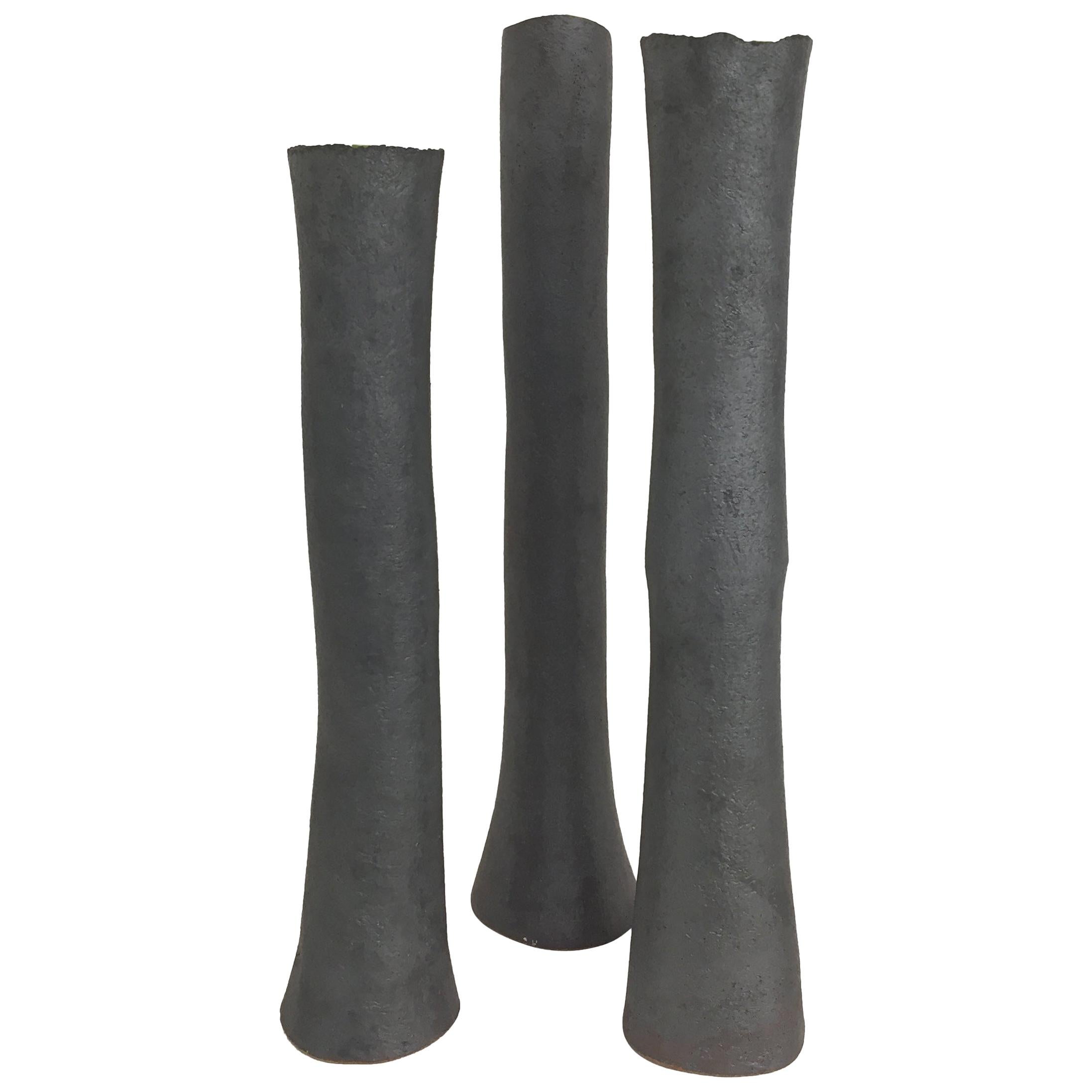 Tall, Tubular Metallic Black Ceramic Stoneware Vase, Hand Built 19 Inches Tall 3