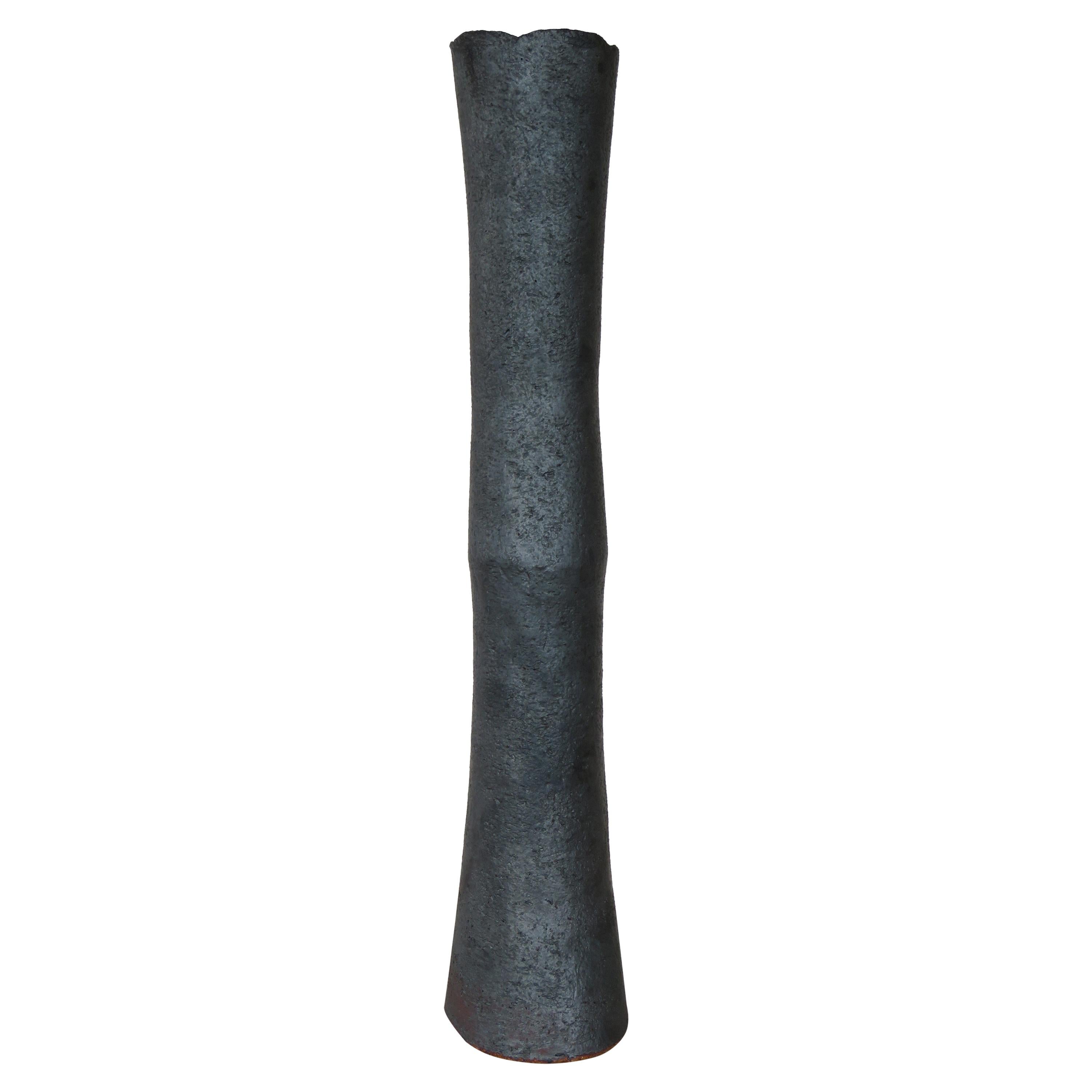 Tubular Metallic Black Stoneware Vase, Rough Fluted Rim, 19 7/8 Inches Tall