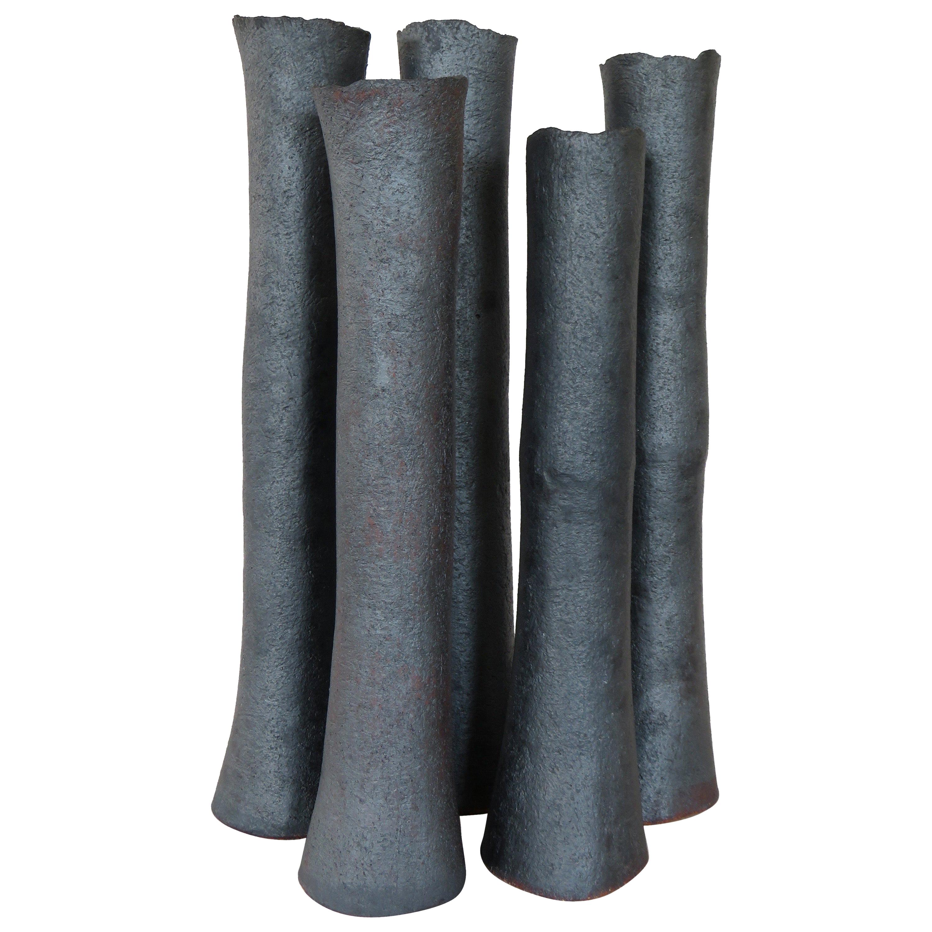 Tall, Tubular Metallic Black Ceramic Stoneware Vase, 21 1/8 Inches, Hand Built 2