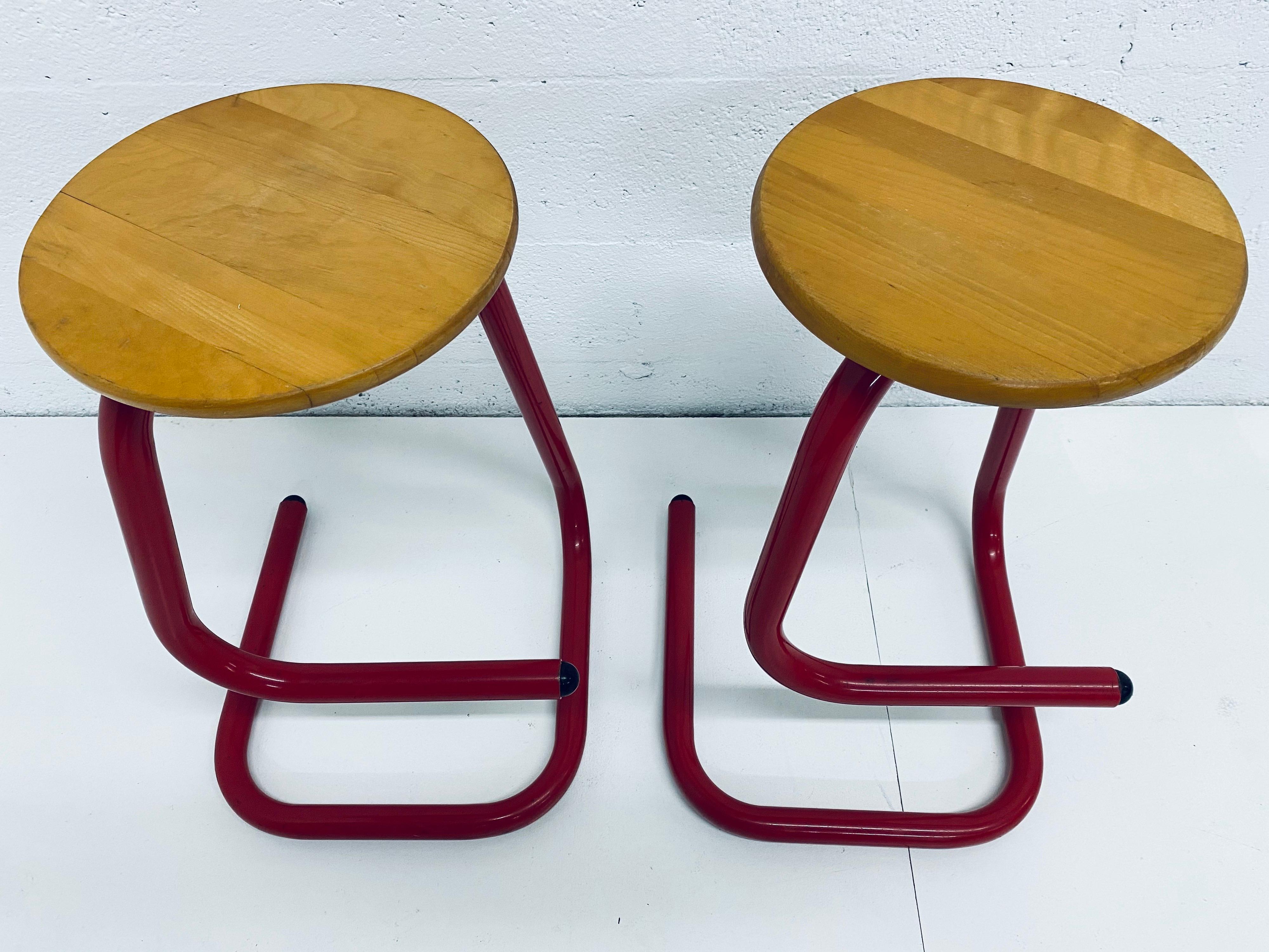 Post-Modern Tubular Red Lacquered Paperclip Stools by Amisco