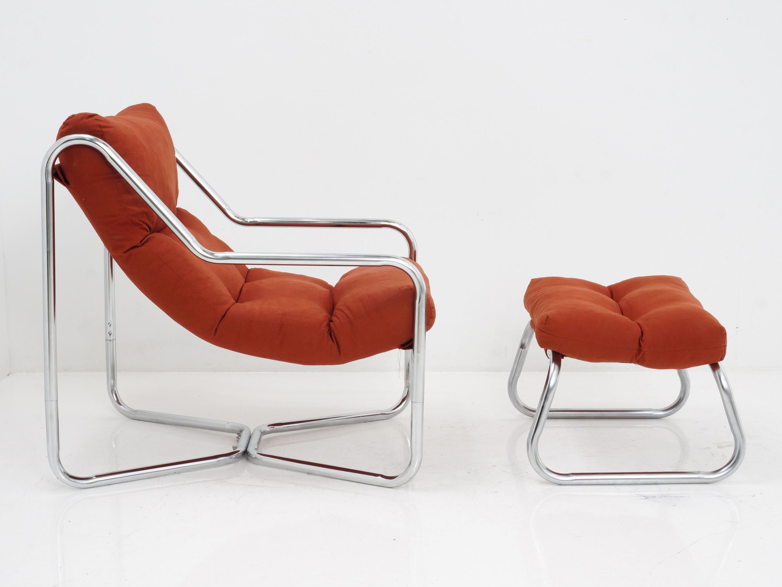 Modern Tubular Sling Chair & Ottoman, 1970s