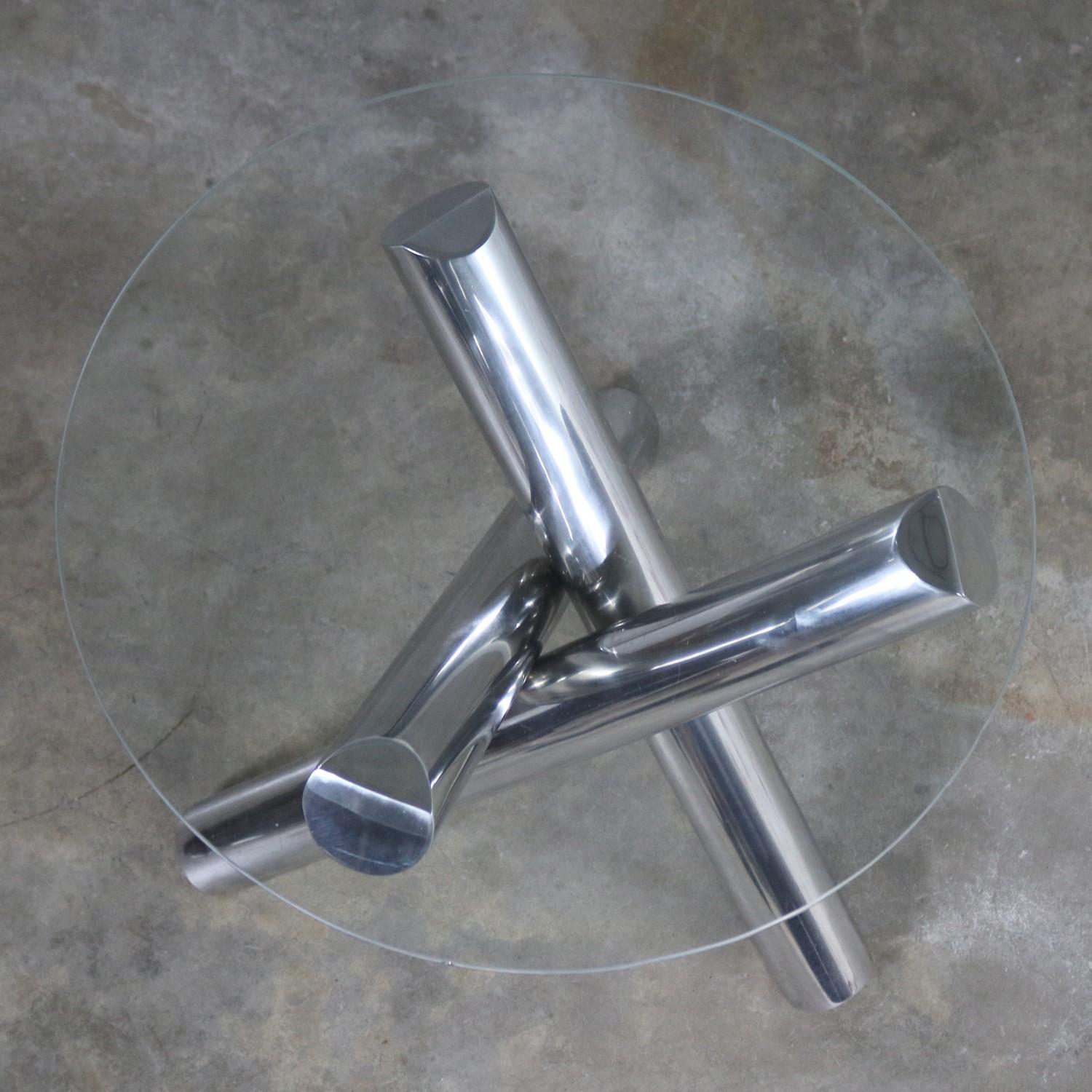 Modern Tubular Stainless-Steel Jacks Tripod End Table Round Glass 