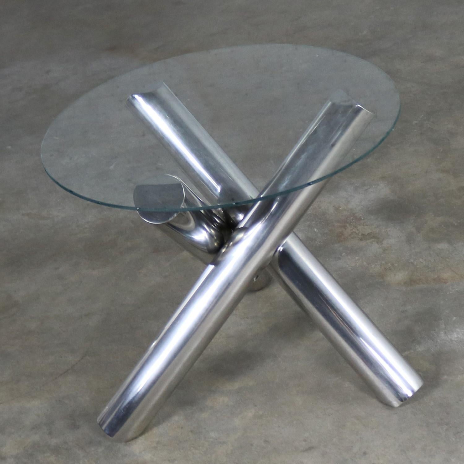 20th Century Tubular Stainless-Steel Jacks Tripod End Table Round Glass 