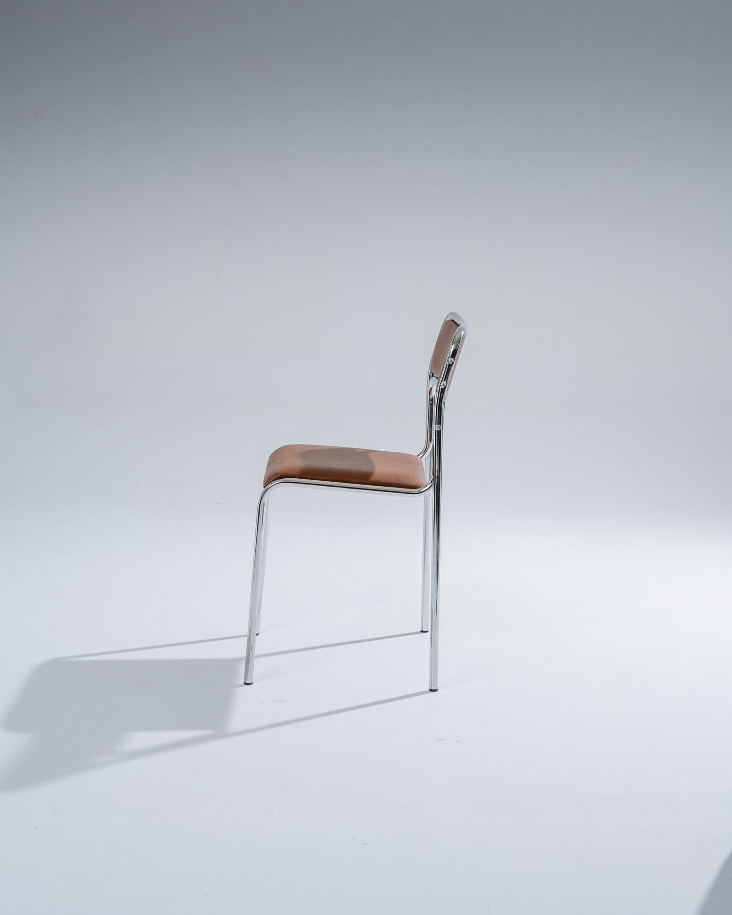 Mid-Century Modern Chaise en acier tubulaire et en similicuir cognac, 1980 en vente
