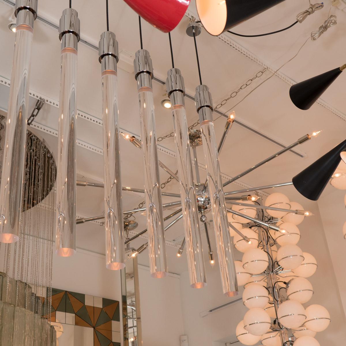 Tubular steel and Lucite pendant ceiling fixture by Mangiarotti.