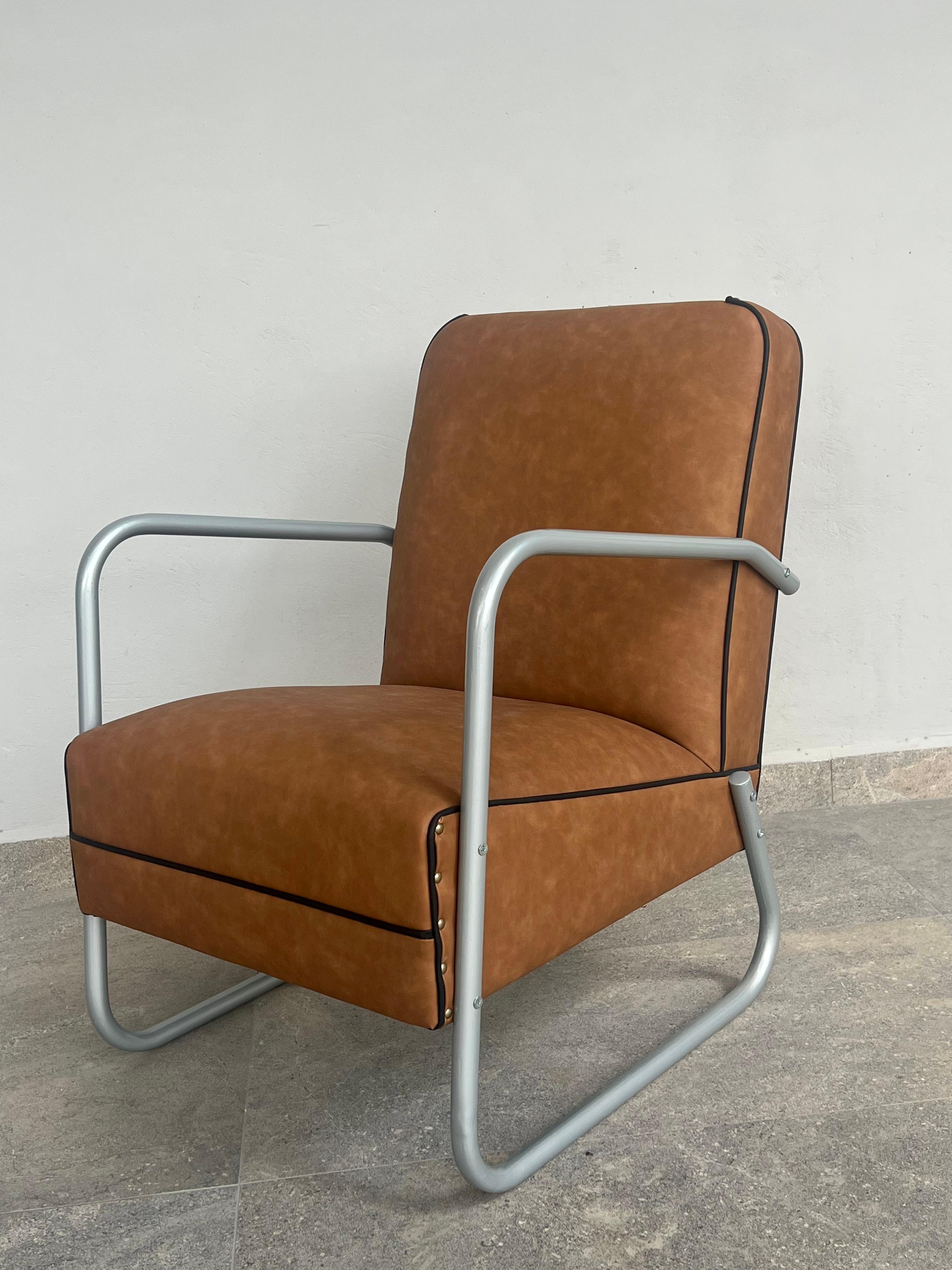 Modern Tubular Steel Armchair, Fabric c. 1970 For Sale
