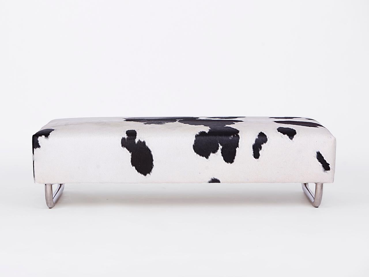 Bauhaus Tubular Steel Bench Ottoman Cow Hide Coffee Table, 1940s For Sale