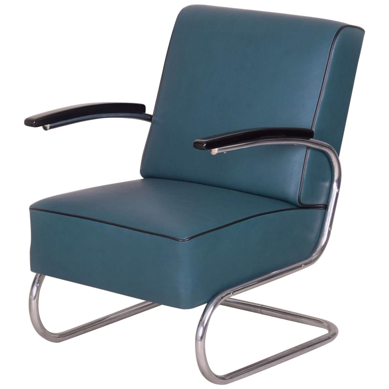 Tubular Steel Cantilever Armchair in Art Deco, Chrome, New Blue Leather, 1930s For Sale