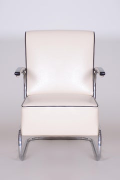 Tubular Steel Cantilever Armchair in Art Deco, Chrome, New Ivory Leather, 1930s