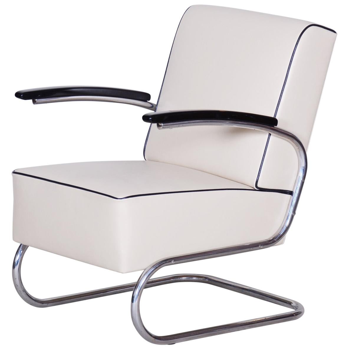 Tubular Steel Cantilever Armchair in Art Deco, Chrome, New Ivory Leather, 1930s For Sale