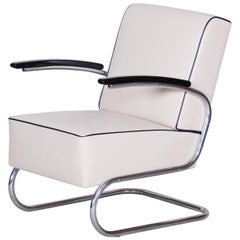 Tubular Steel Cantilever Armchair in Art Deco, Chrome, New Ivory Leather, 1930s
