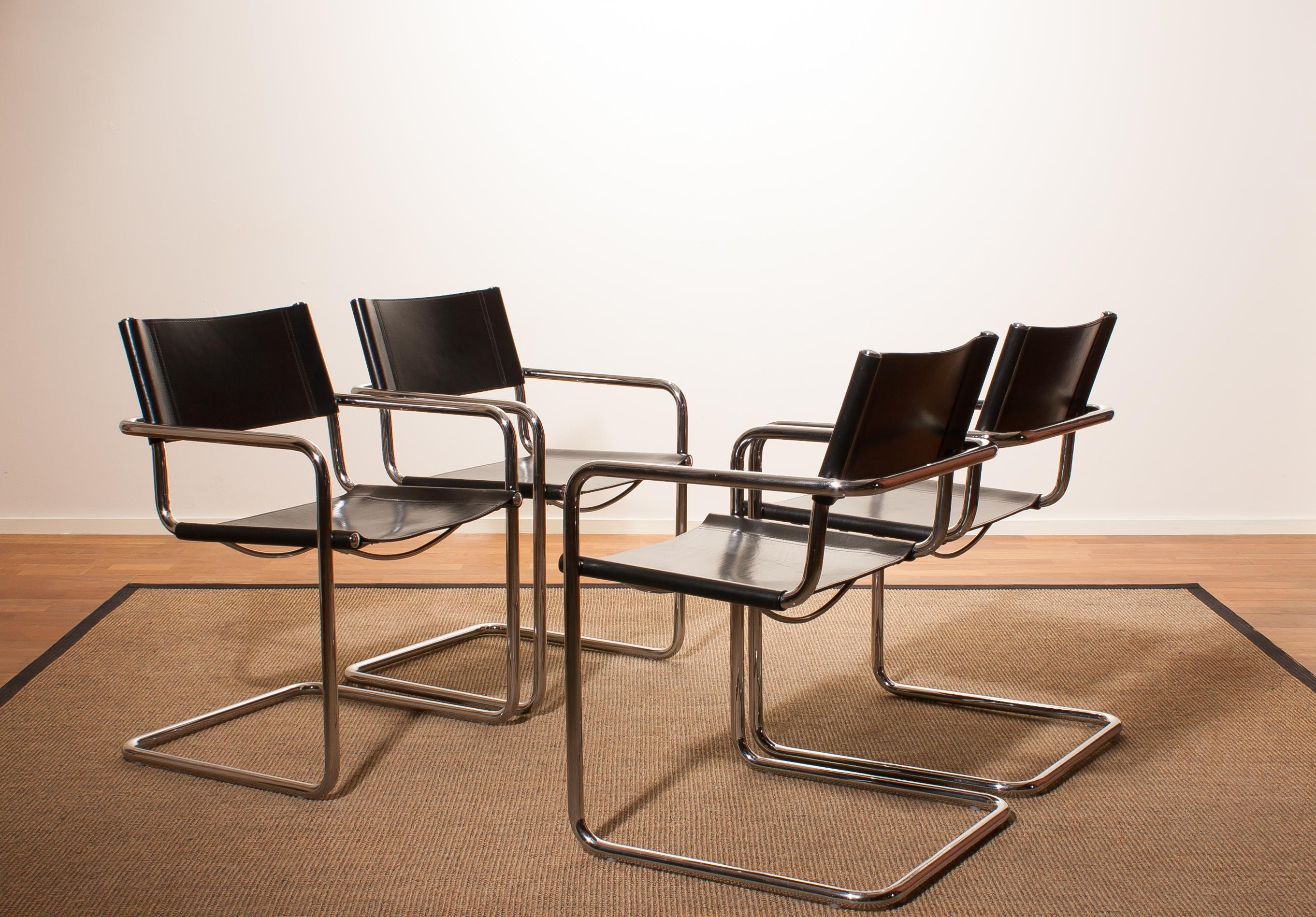 Late 20th Century Tubular Steel Chrome and Sturdy Black Leather Dining Chairs by Matteo Grassi