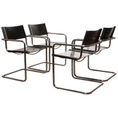 Tubular Steel Chrome and Sturdy Black Leather Dining Chairs by Matteo Grassi