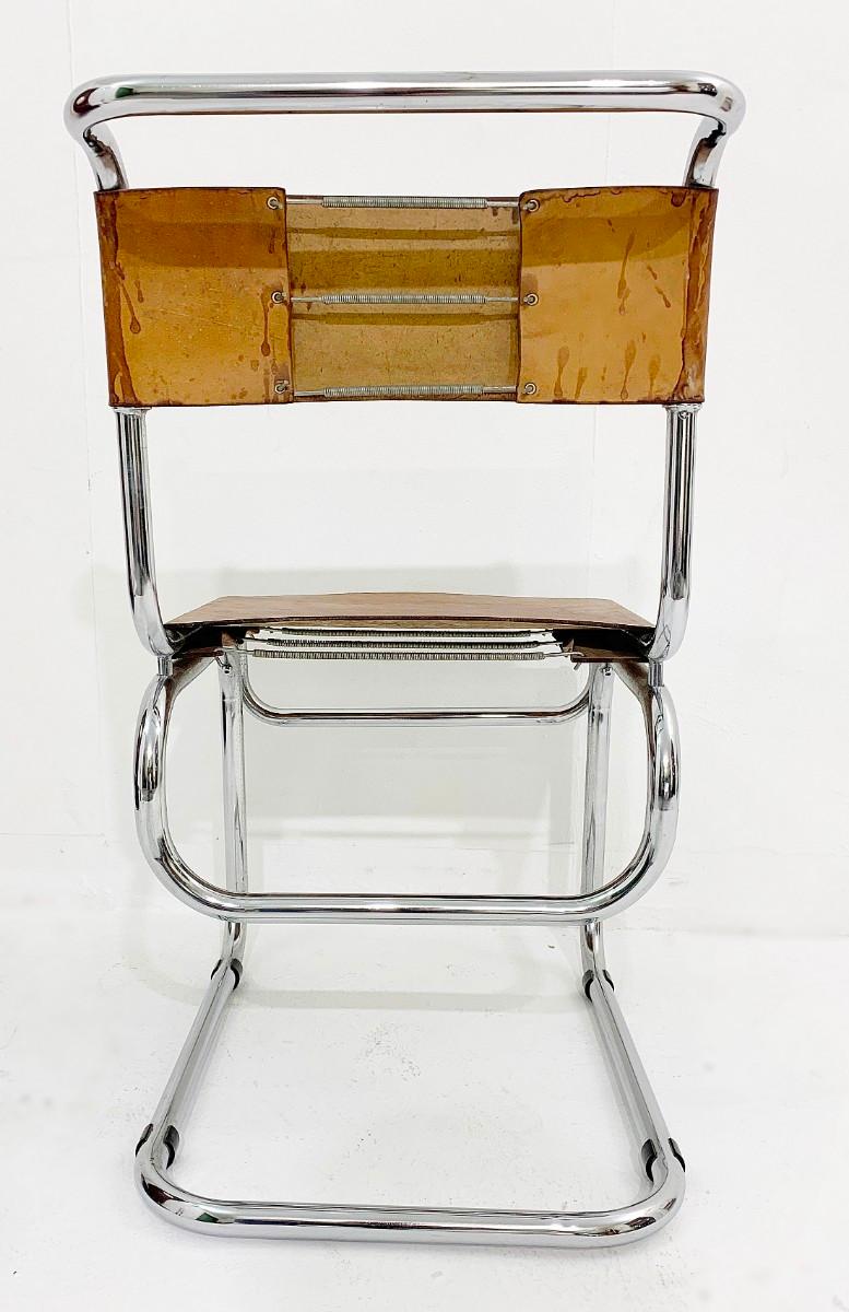 European Tubular Steel and Cognac Leather Cantilever Chairs