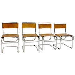 Tubular Steel and Cognac Leather Cantilever Chairs