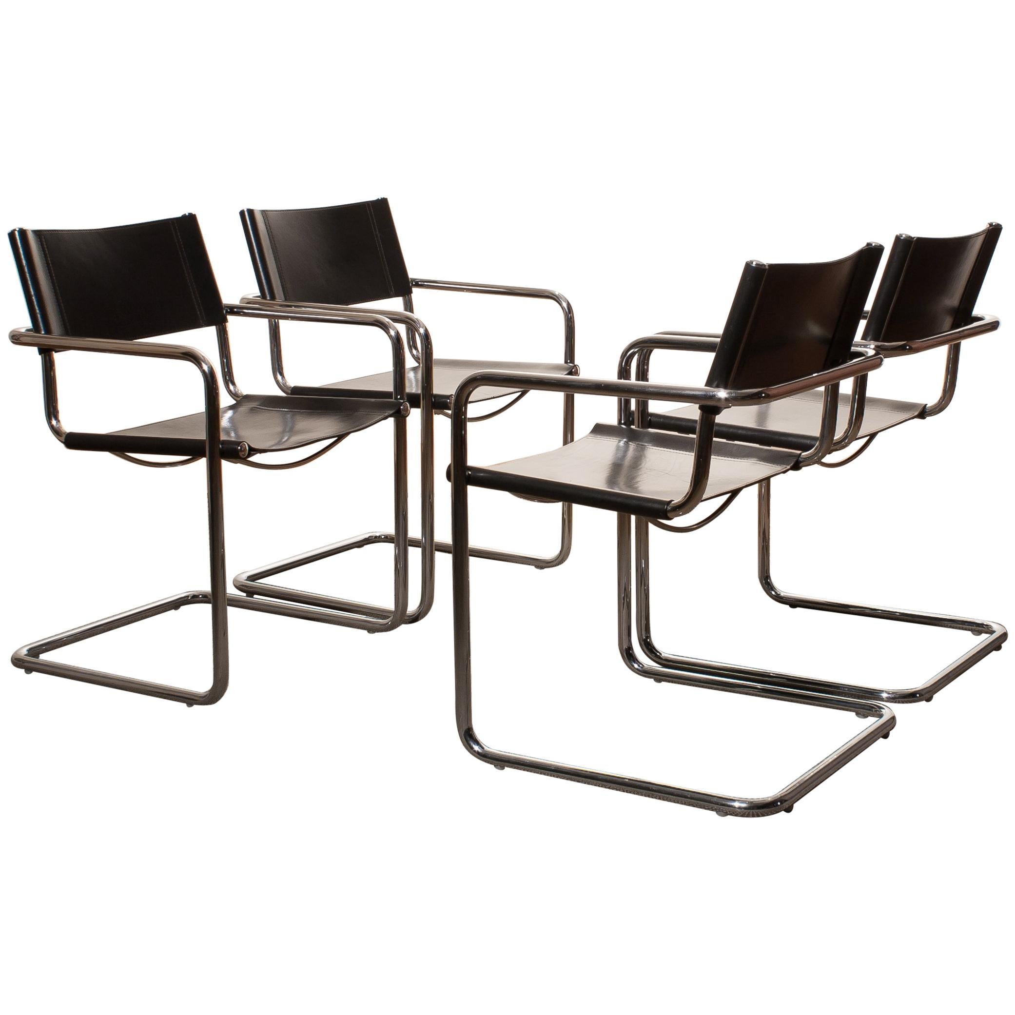 Tubular Steel Crome and Sturdy Black Leather Dining Chairs by Matteo Grassi