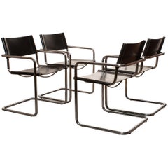Tubular Steel Crome and Sturdy Black Leather Dining Chairs by Matteo Grassi