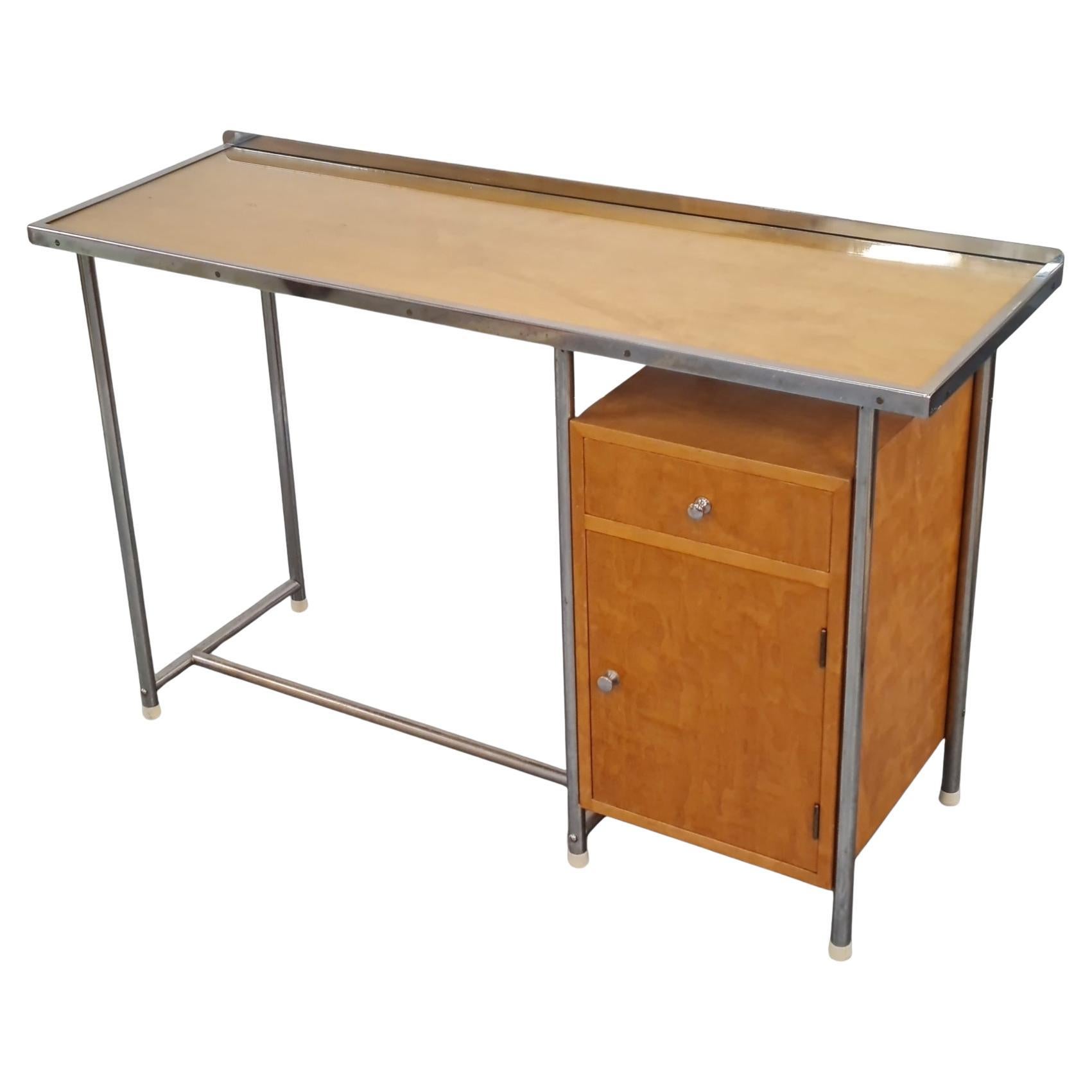 Tubular Steel Functional Desk in Birch, Heteka Finland 1930s