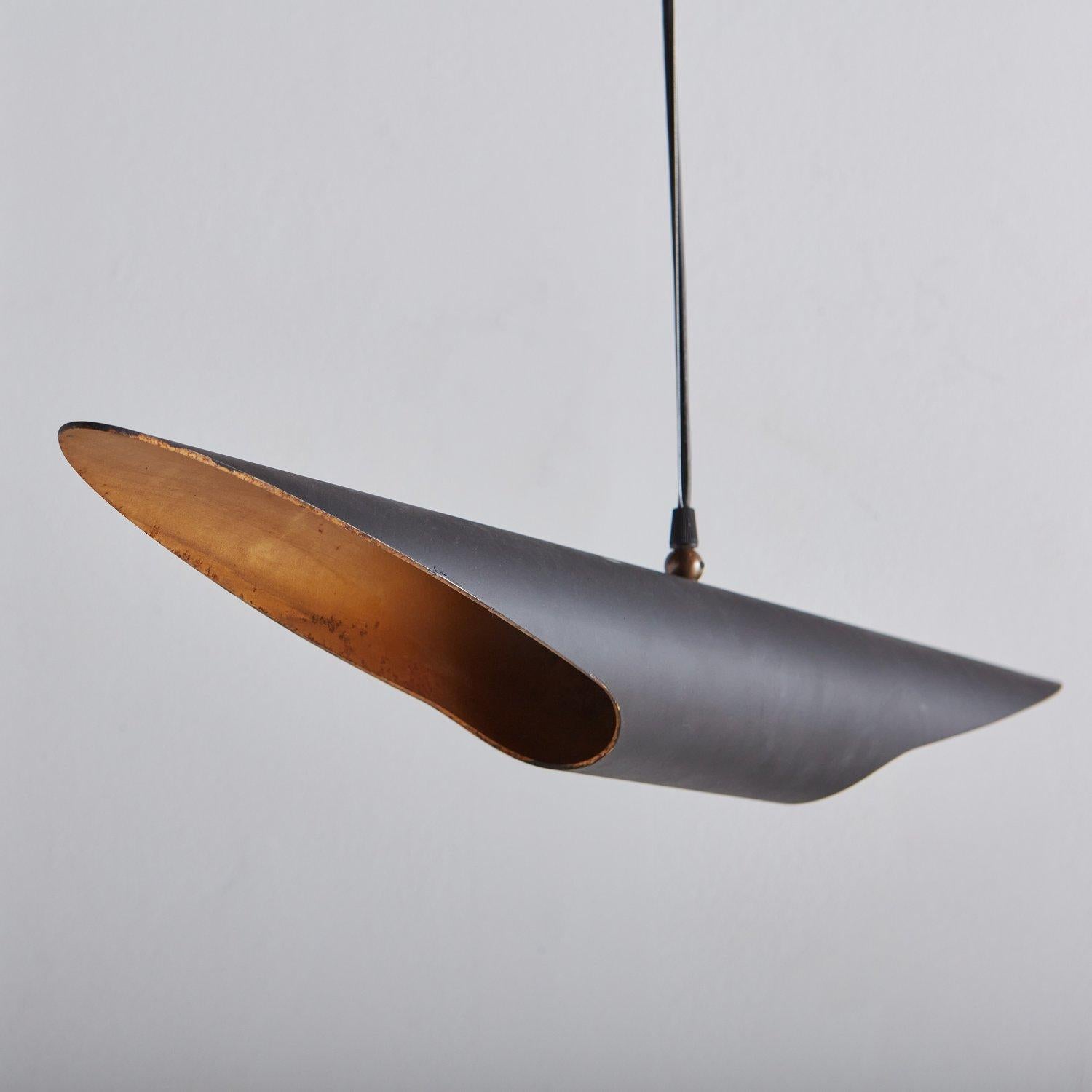 Tubular Steel + Gold Leaf Pendant Light, Italy 20th Century 'Two Available' In Good Condition For Sale In Chicago, IL
