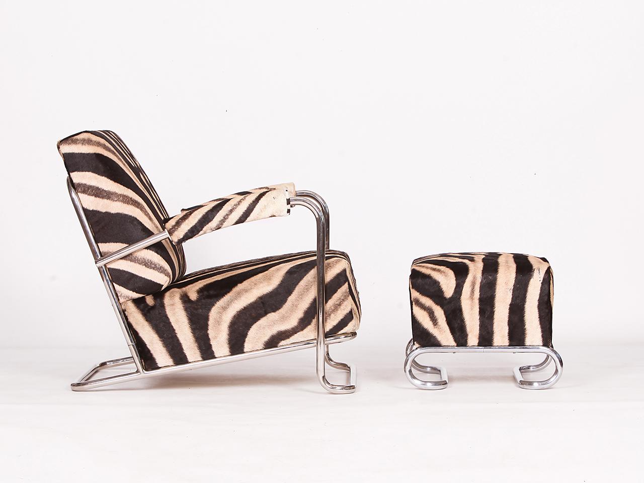 Bauhaus Sedia a sdraio in acciaio tubolare Zebra Hide di Fa. Hynek Gottwald, 1930 in vendita