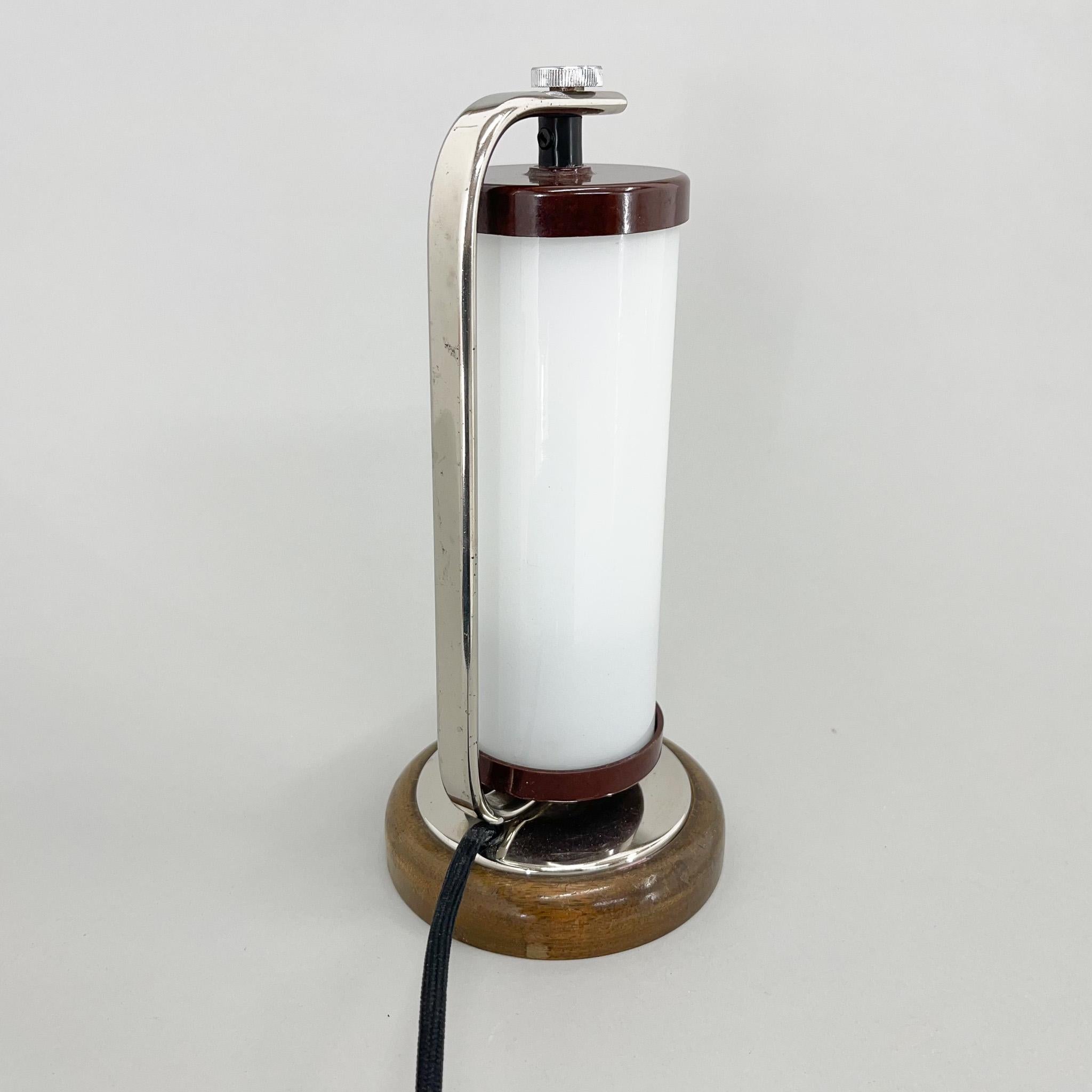 Czech Tubular Table or Bedside Lamp with Wooden Base, 1930's For Sale
