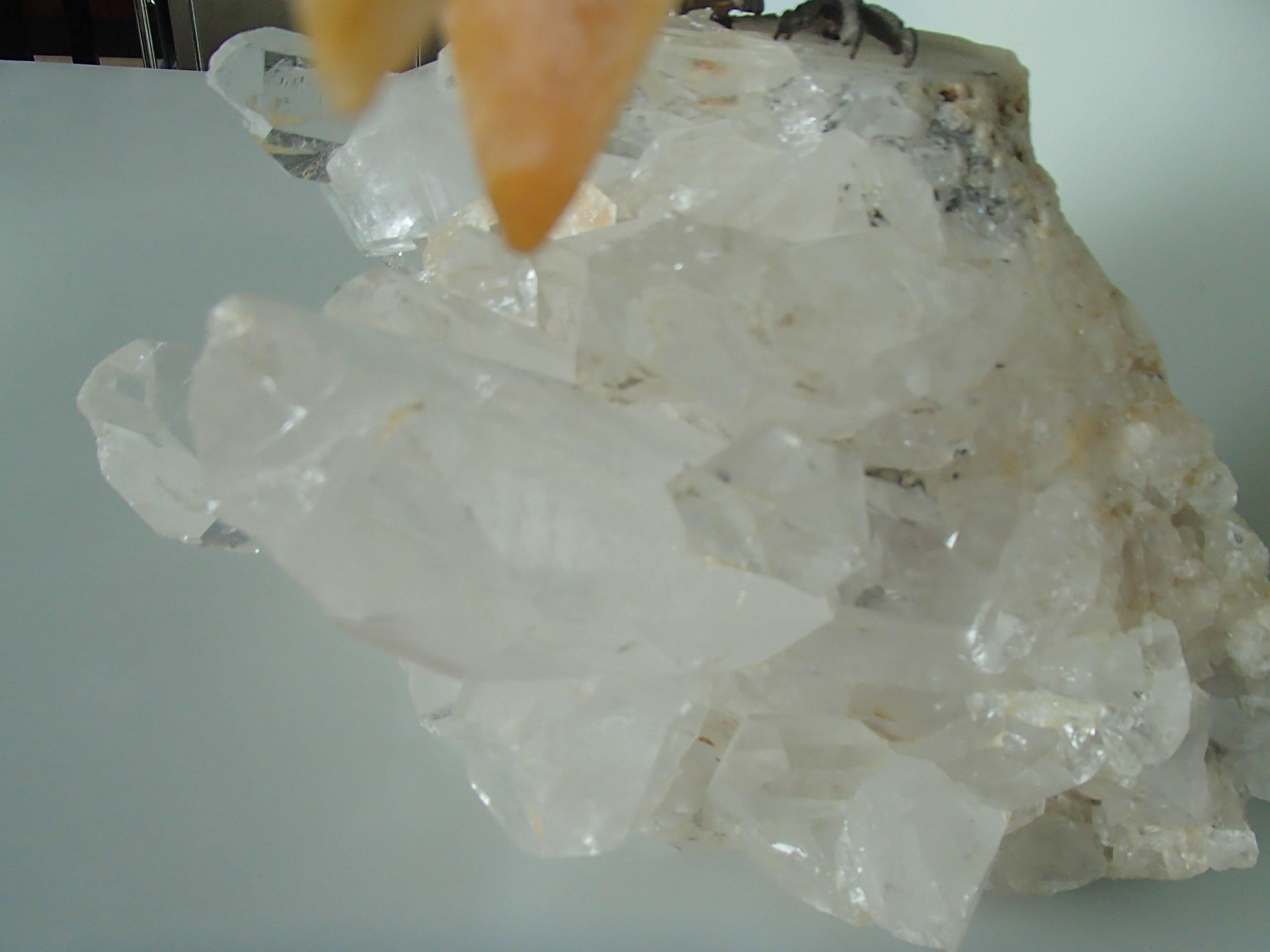 Tucan sitzend auf einem Cristall aus Sodalith und Rosen Quarz im Angebot 2