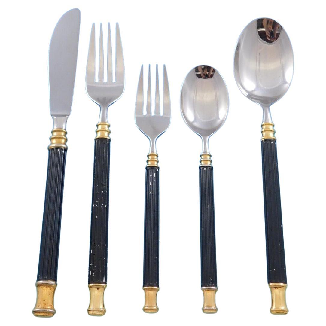 Tucano Black Gold Accent Sasaki Japan Stainless Steel Flatware Set Service 50 Pc For Sale