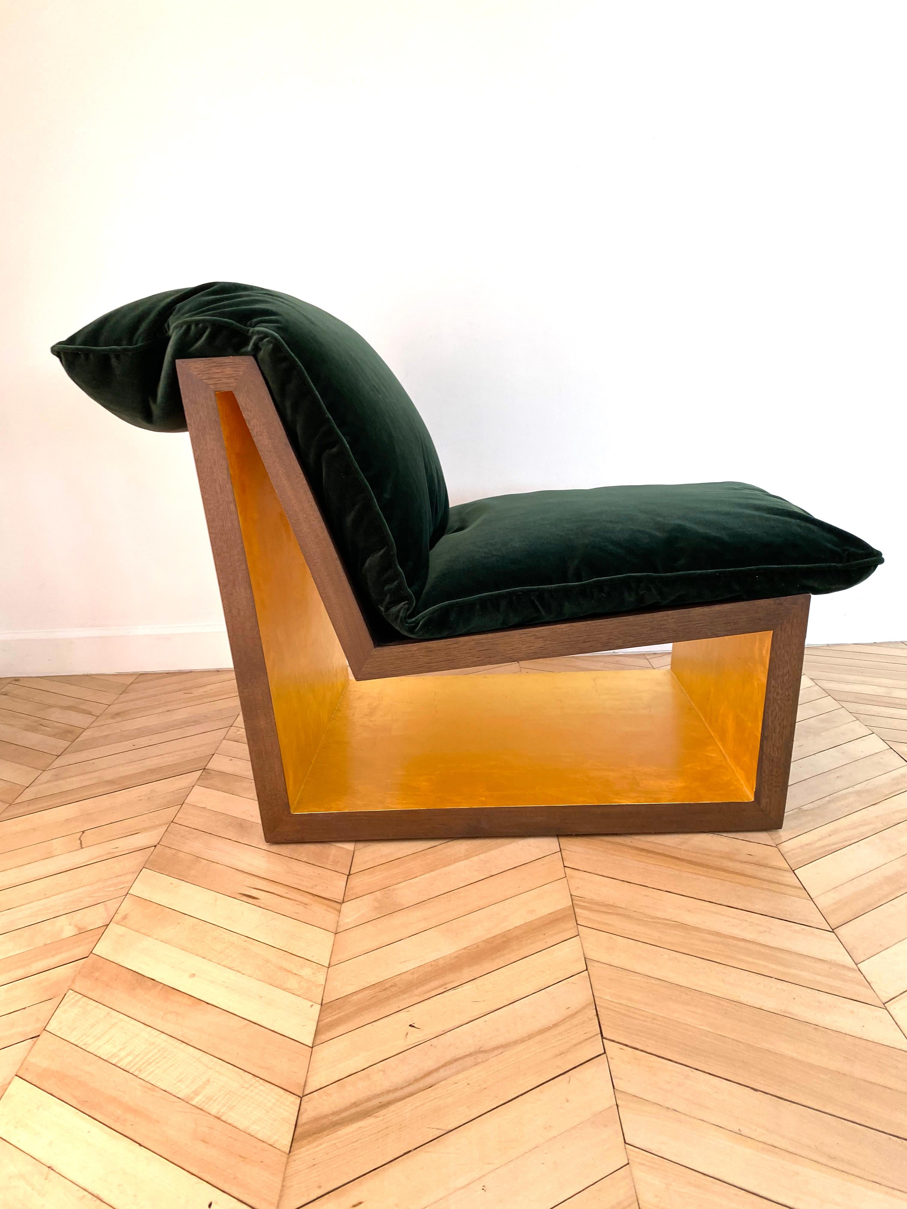 Modern Tucker Lounge Chair, Contemporary, Walnut and Gold Leaf, by Dean and Dahl