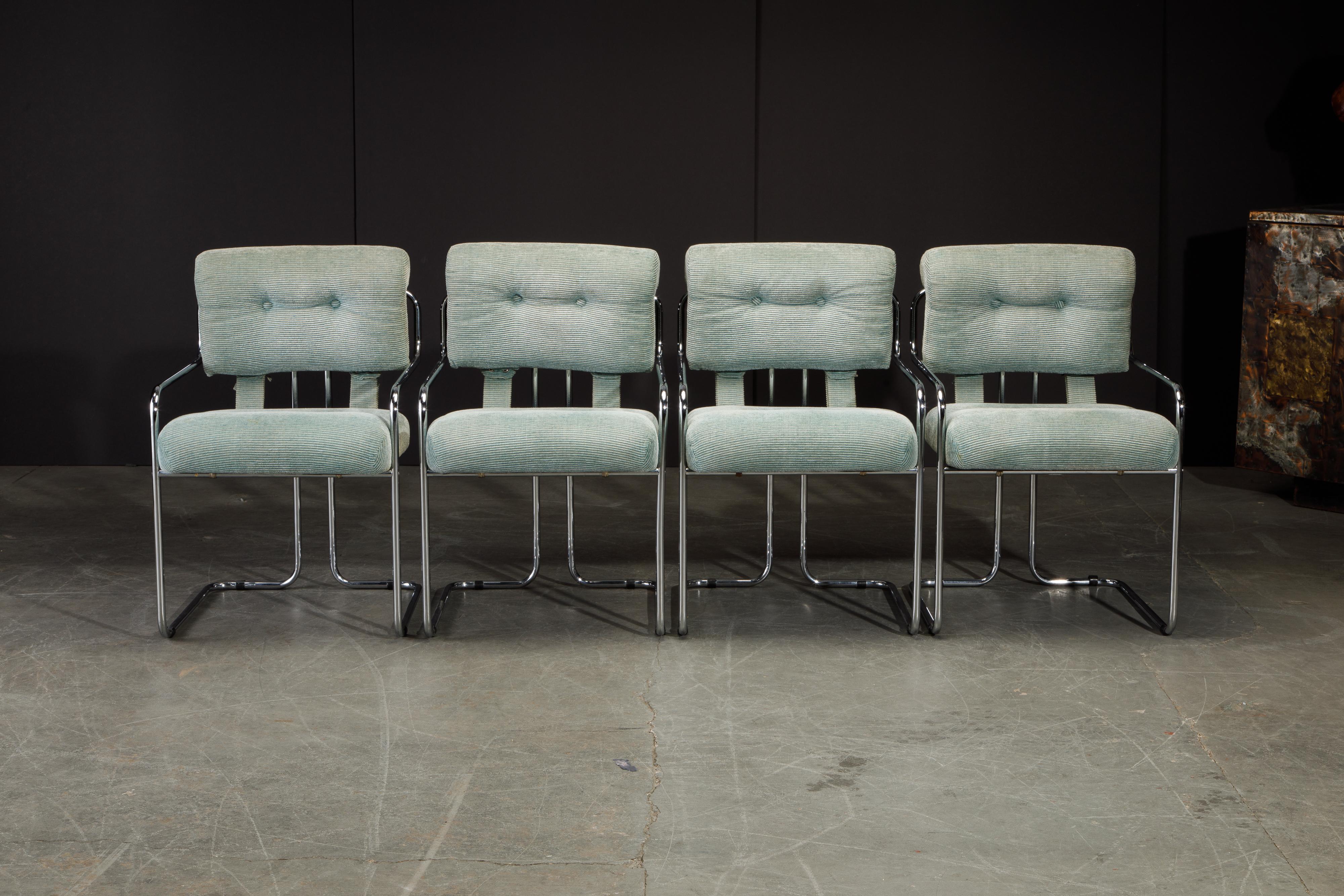 A beautiful set of four 'Tucroma' armchairs by Guido Faleschini for i4 Mariani in a Robbin's Egg (light blue-green) fabric with polished chrome frames. Priced in this listing as a set of four (4) chairs, contact us if you are looking for less than
