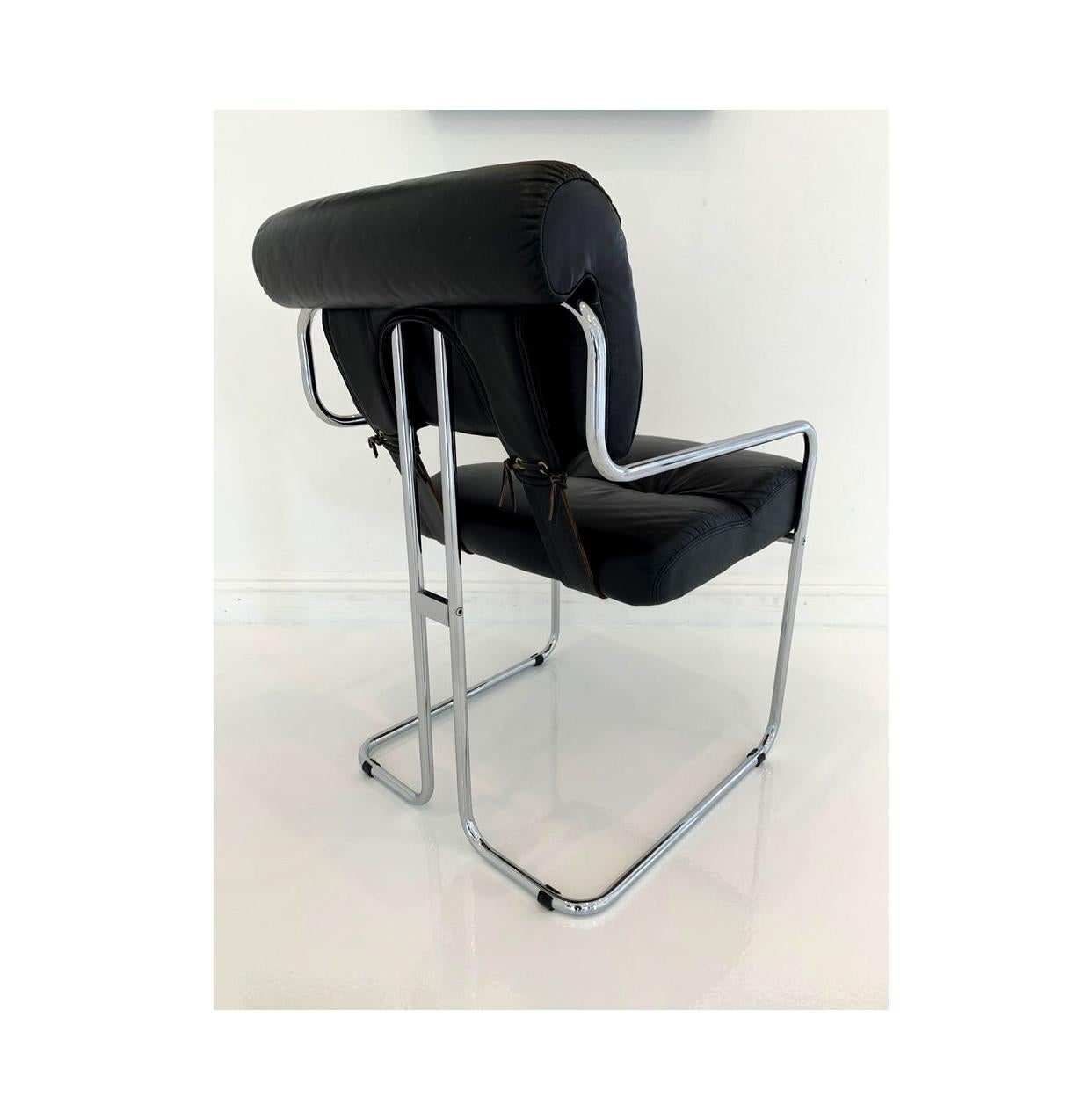Classic leather chair by Guido Faleschini for Pace. Chrome chair with original black leather. Great condition to chrome and leather. Priced individually. 2 available.