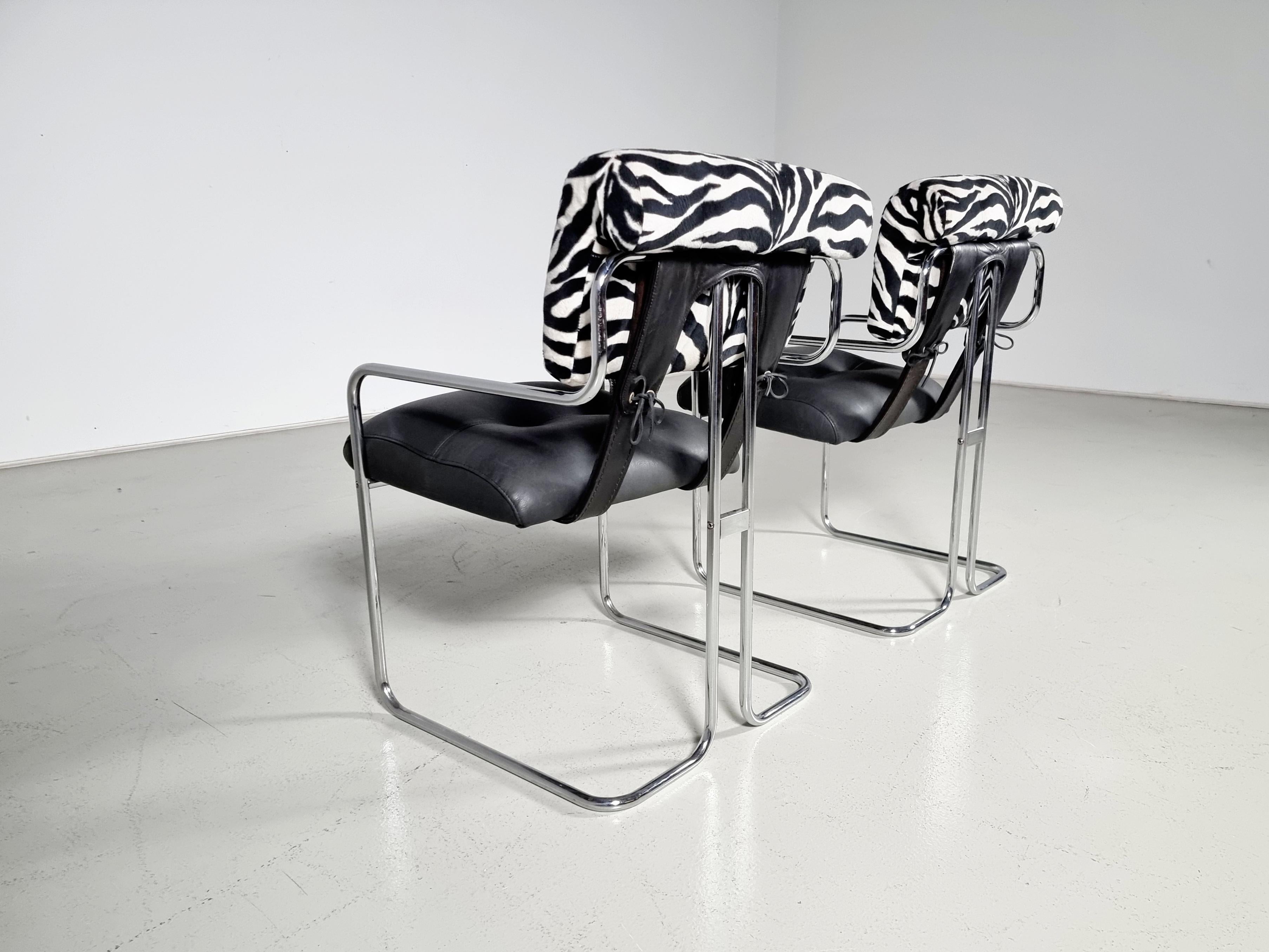Mid-Century Modern Tucroma Chairs in black leather and zebra fabric, Guido Faleschini, Mariani For Sale