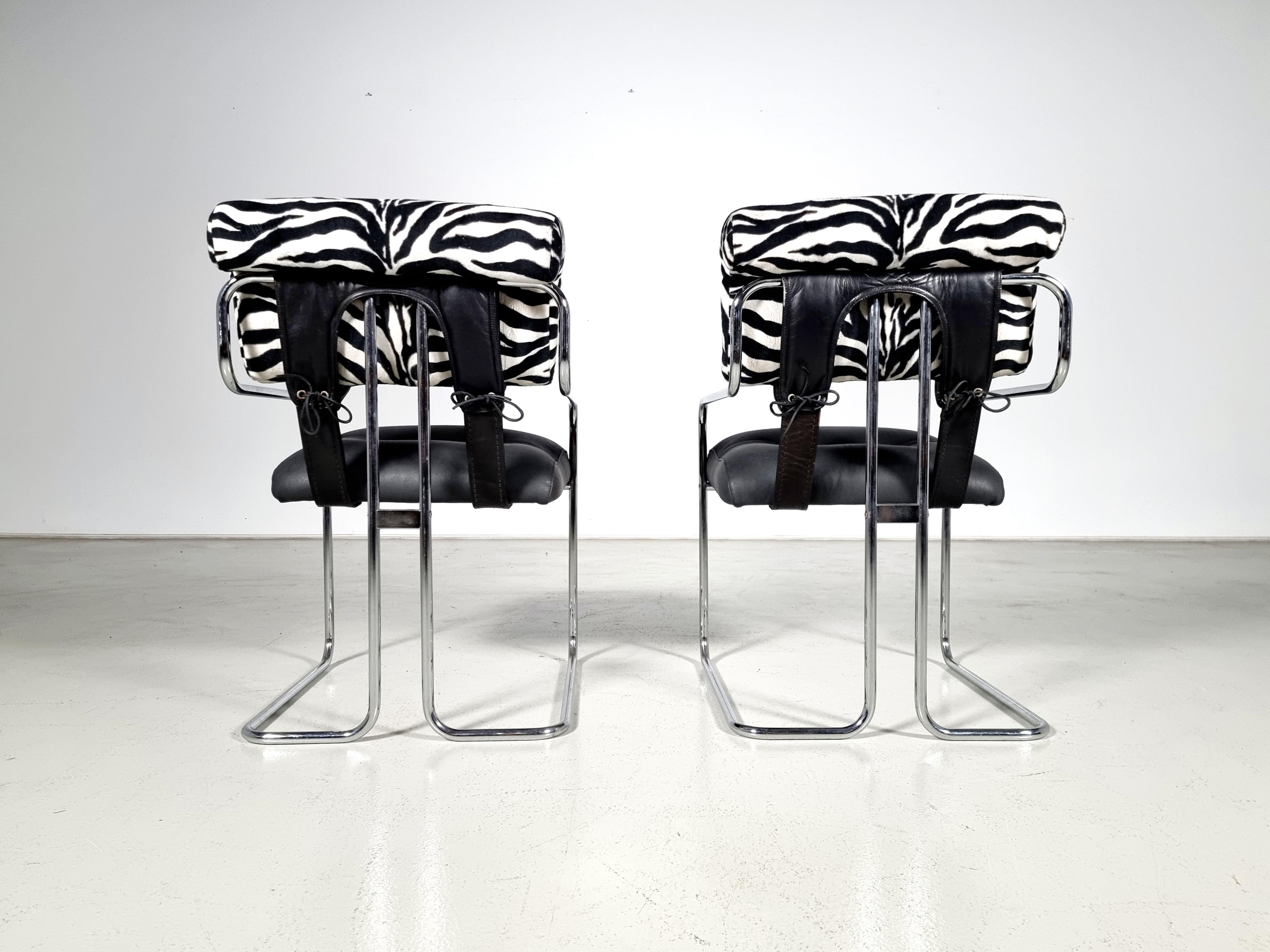 European Tucroma Chairs in black leather and zebra fabric, Guido Faleschini, Mariani For Sale