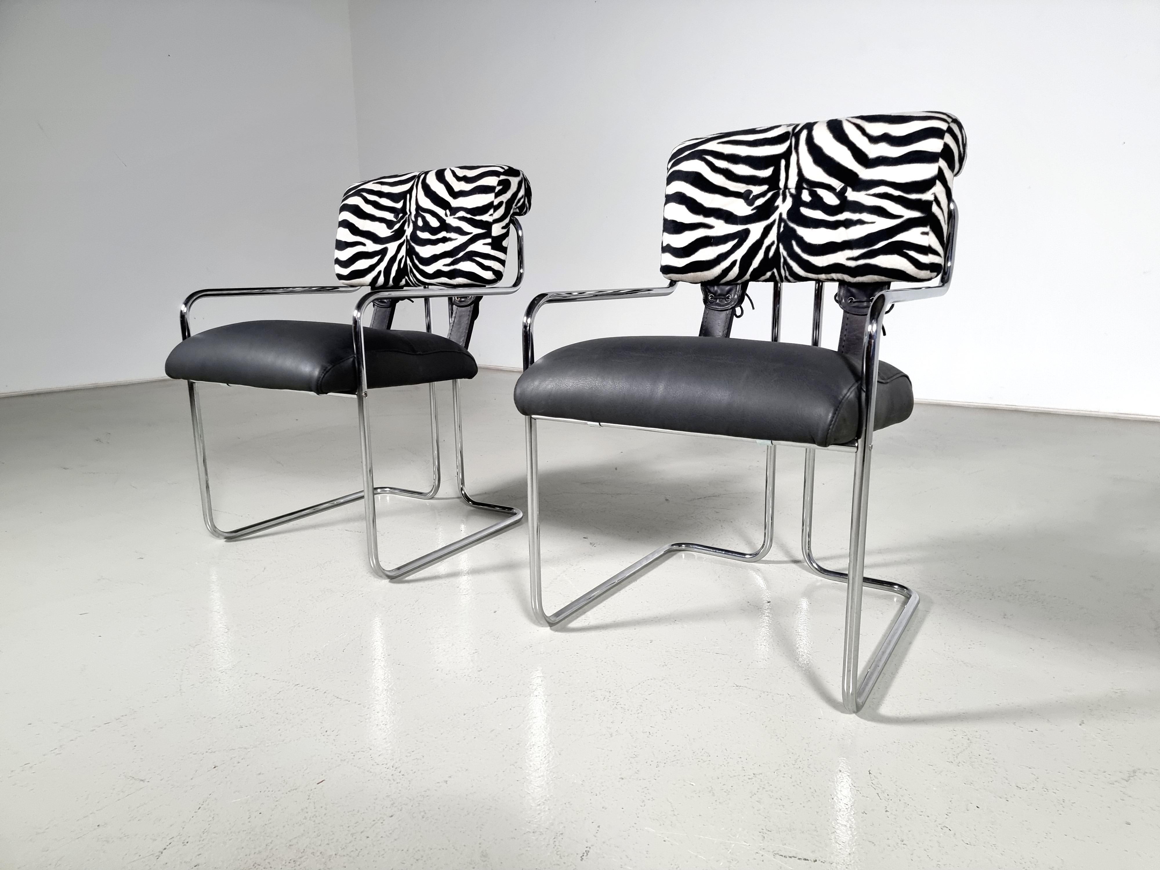 Tucroma Chairs in black leather and zebra fabric, Guido Faleschini, Mariani For Sale 1