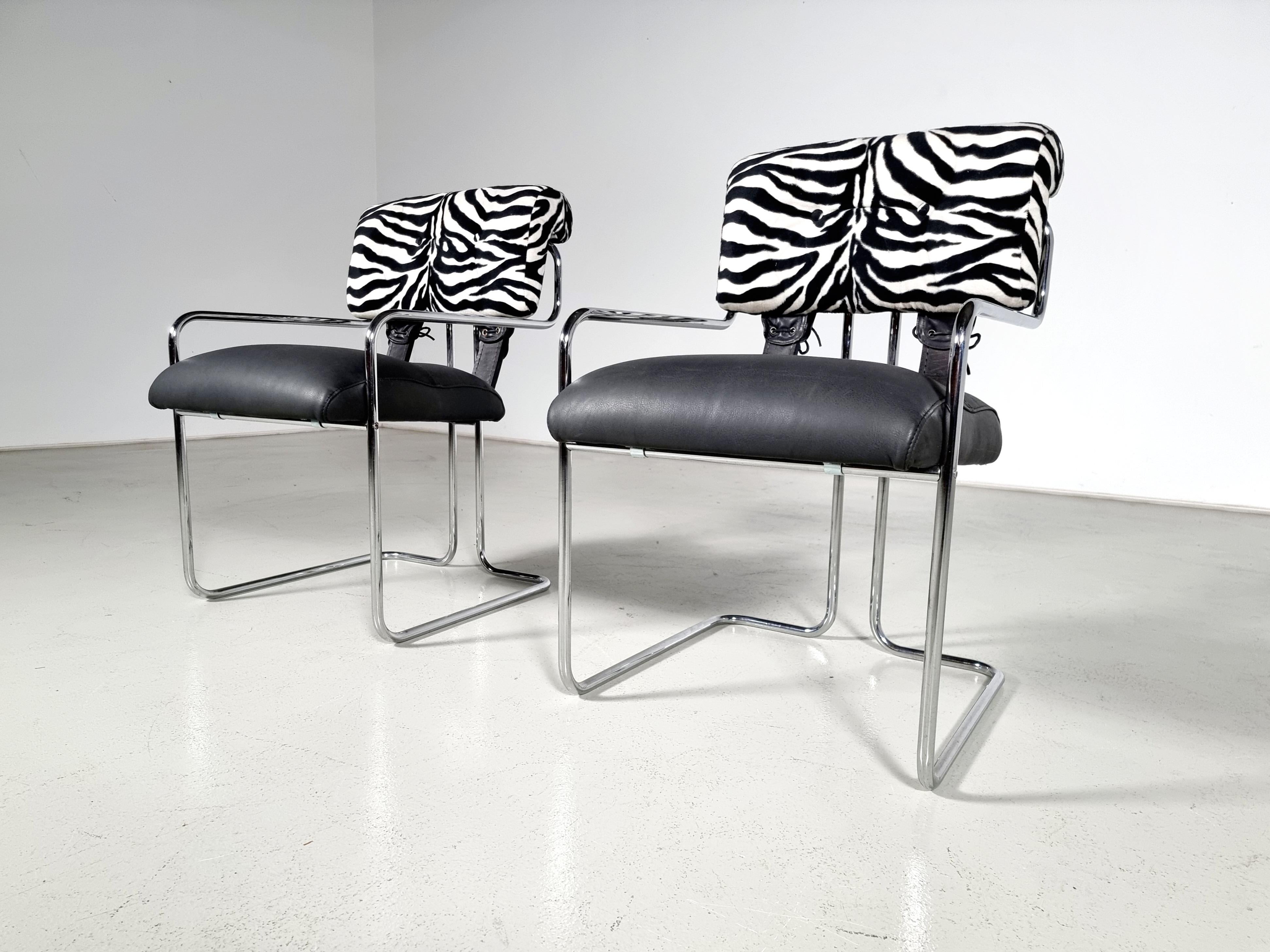 Tucroma Chairs in black leather and zebra fabric, Guido Faleschini, Mariani For Sale 2