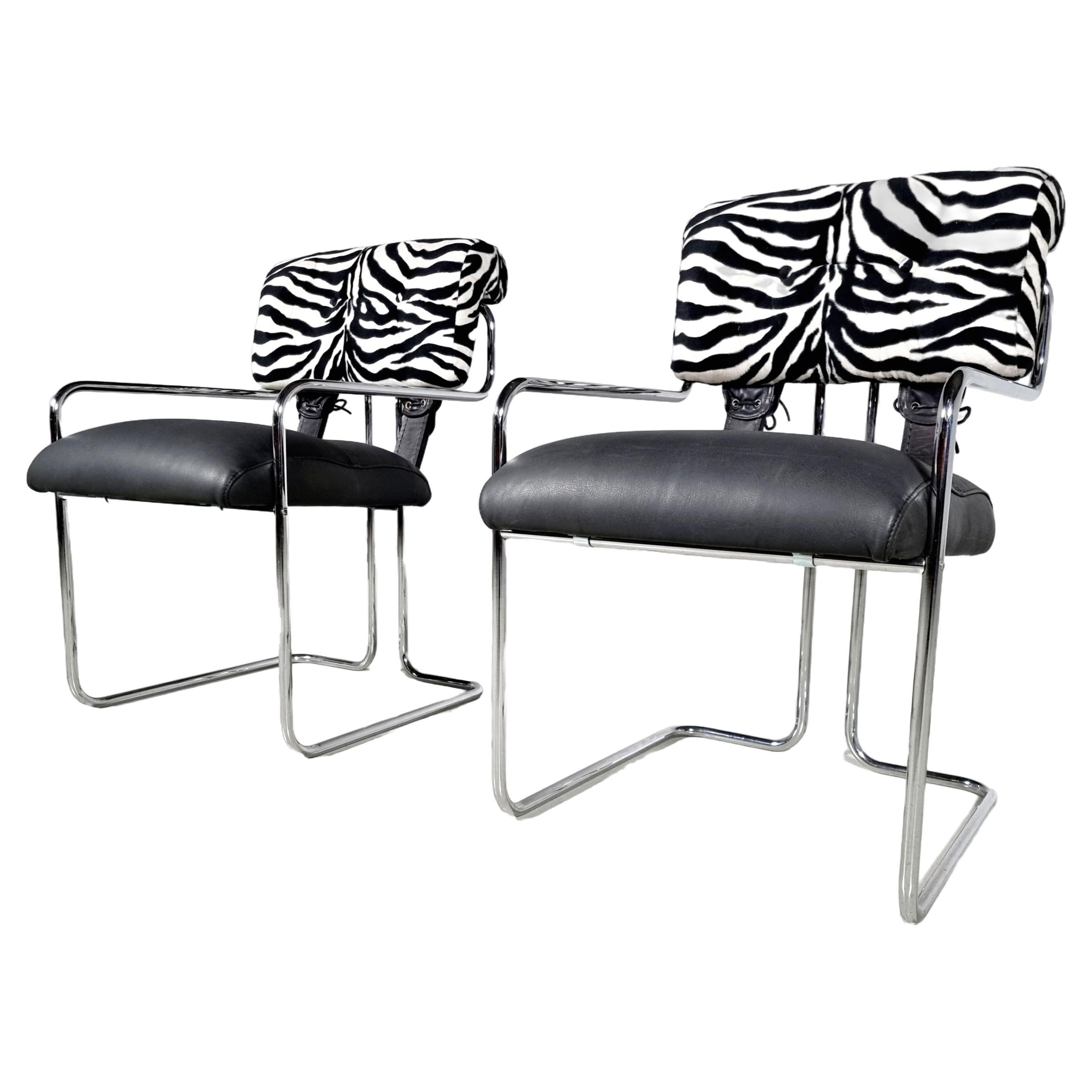 Tucroma Chairs in black leather and zebra fabric, Guido Faleschini, Mariani