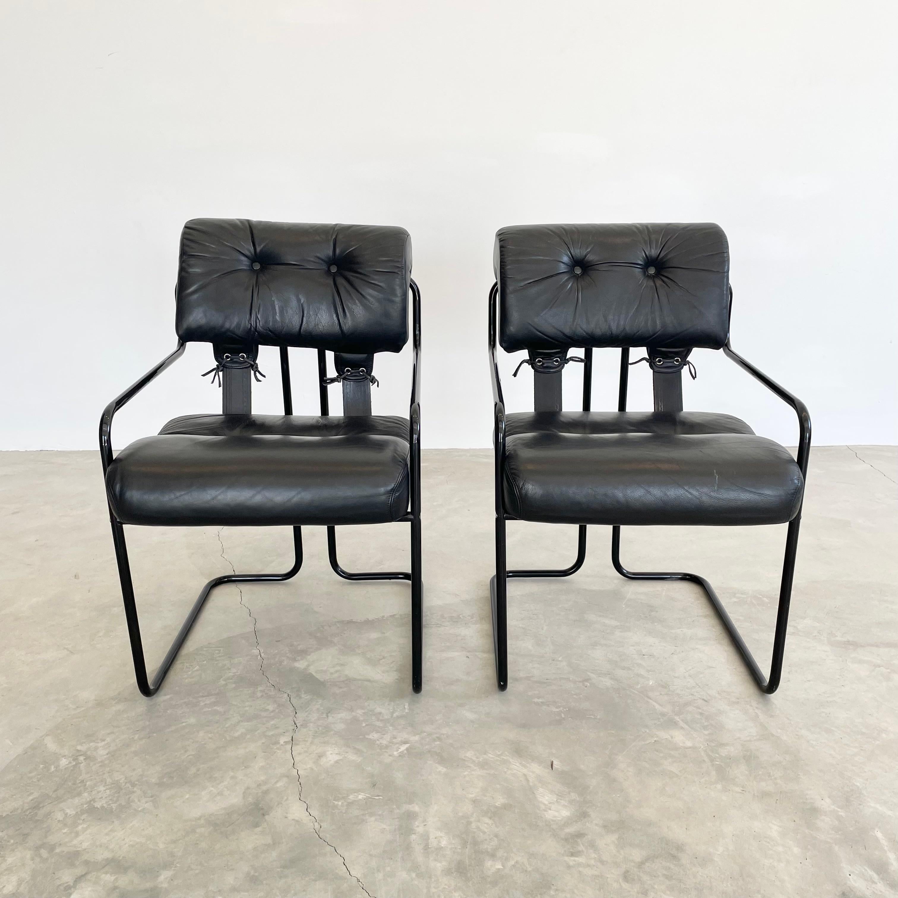 Handsome Tucroma dining chair by Guido Faleschini for Mariani. Distributed by Pace in New York. Great original leather in black along with the iconic metal tube frame in solid black as well giving this chair a nice depth and presence. Great for a