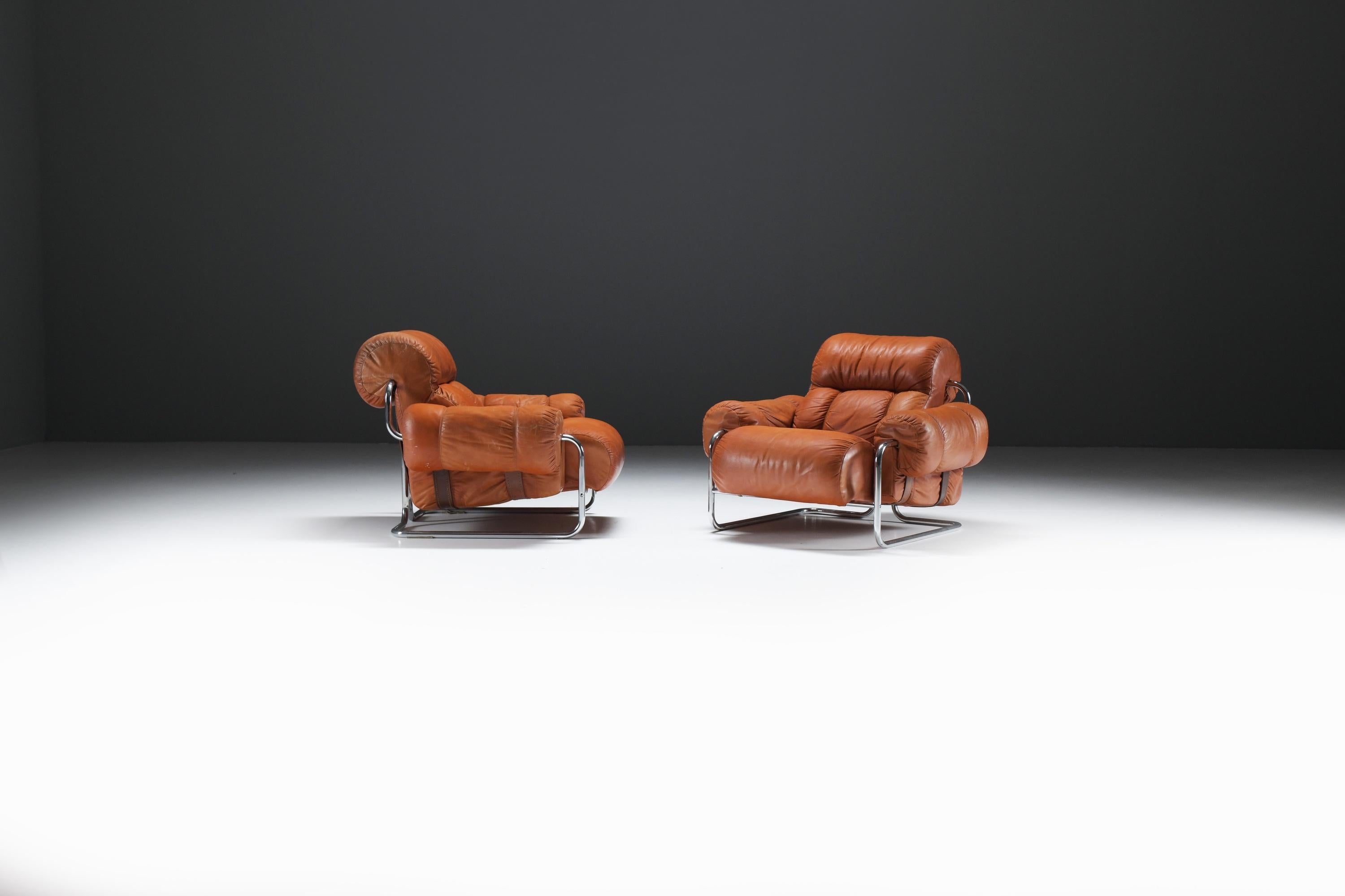 Tucroma-Loungesessel (2) aus cognacfarbenem Leder von Guido Faleschini für i4 Mariani (Moderne der Mitte des Jahrhunderts) im Angebot