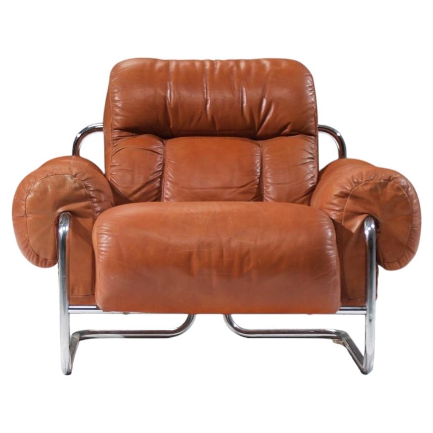 Tucroma lounge chair in cognac leather by Guido Faleschini for i4 Mariani