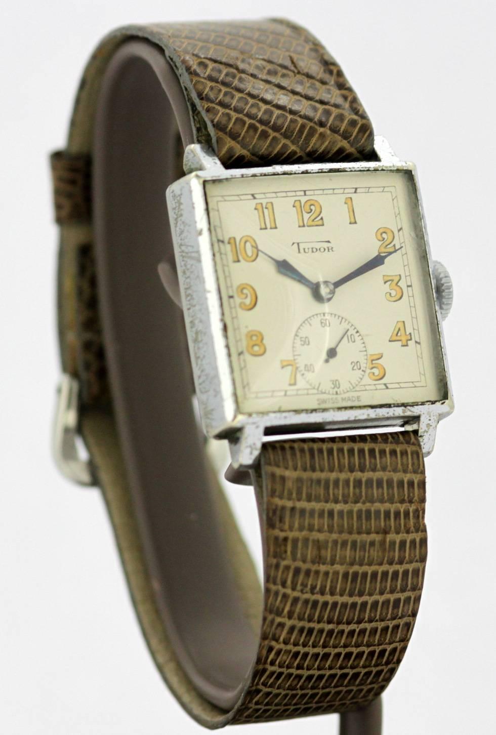 Tudor - men's manual winding wristwatch, c.1940's

Gender:	Mens Vintage
Case size(Including Crown): 33 x 28 mm
Movement: Manual Winding
Watchband Material: leather
Case material : Stainless Steel
Case color : Steel
Display Type:	Analogue	
Age:	