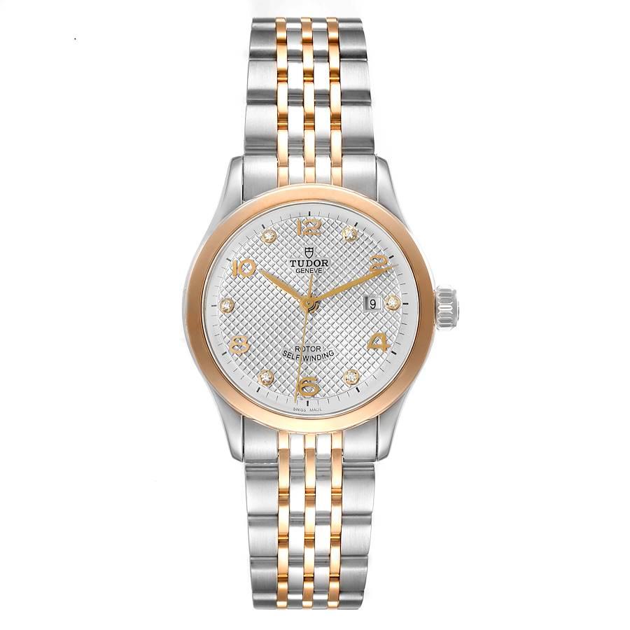 Tudor 1926 28mm Steel Rose Gold Silver Dial Diamond Watch M91351 Box Card. Automatic self-winding movement. Stainless steel round case 28.0 mm in diameter. Tudor logo on a crown. 18k rose gold smooth bezel. Scratch resistant sapphire crystal. Silver