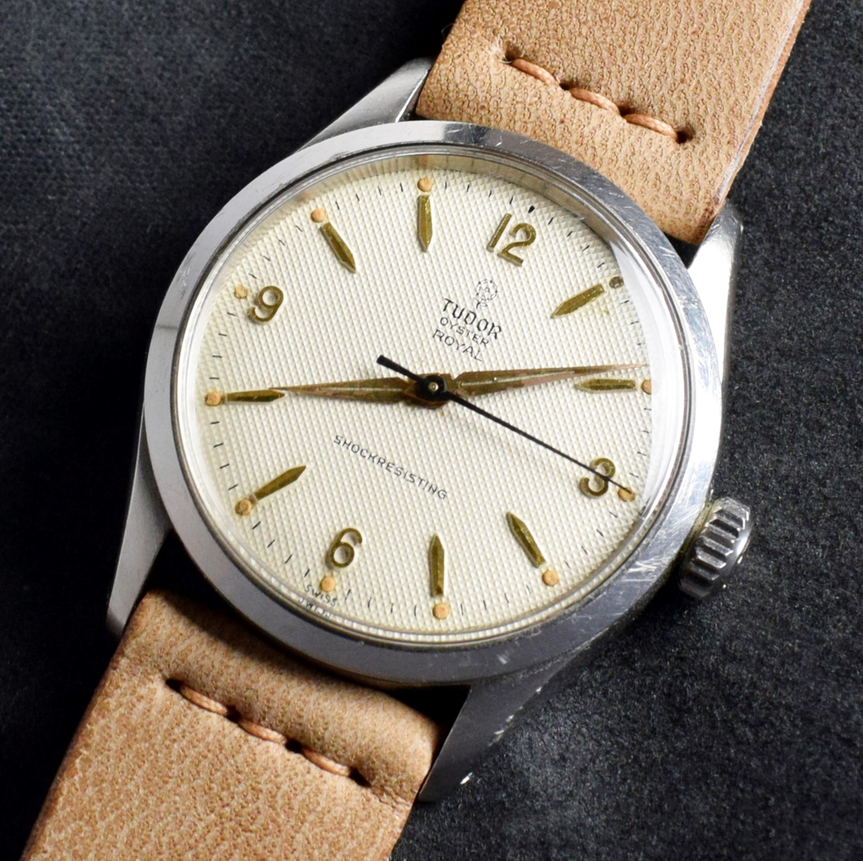 Brand: Vintage Tudor
Model: 7934
Year: ~late 50’s -early 60’s
Serial number: N/A
Reference: C03598
Case: 34mm without crown; Show sign of wear with slight polish from previous; inner case back stamped 6426
Dial: Excellent Aged yet Clean Condition