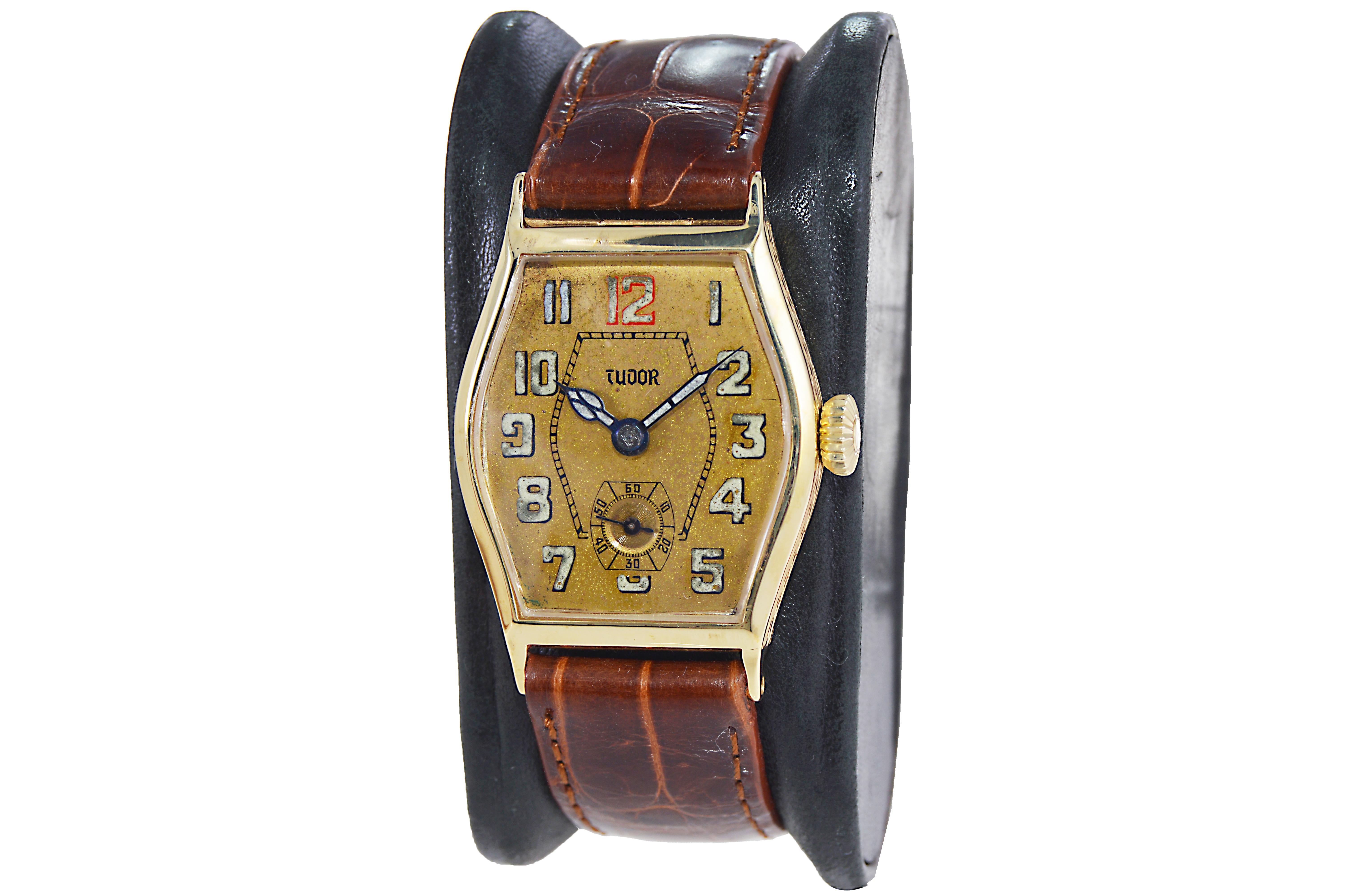 Art Deco Tudor 9 Karat Rose Gold from 1932 Tortue Shaped Watch with Original Dial