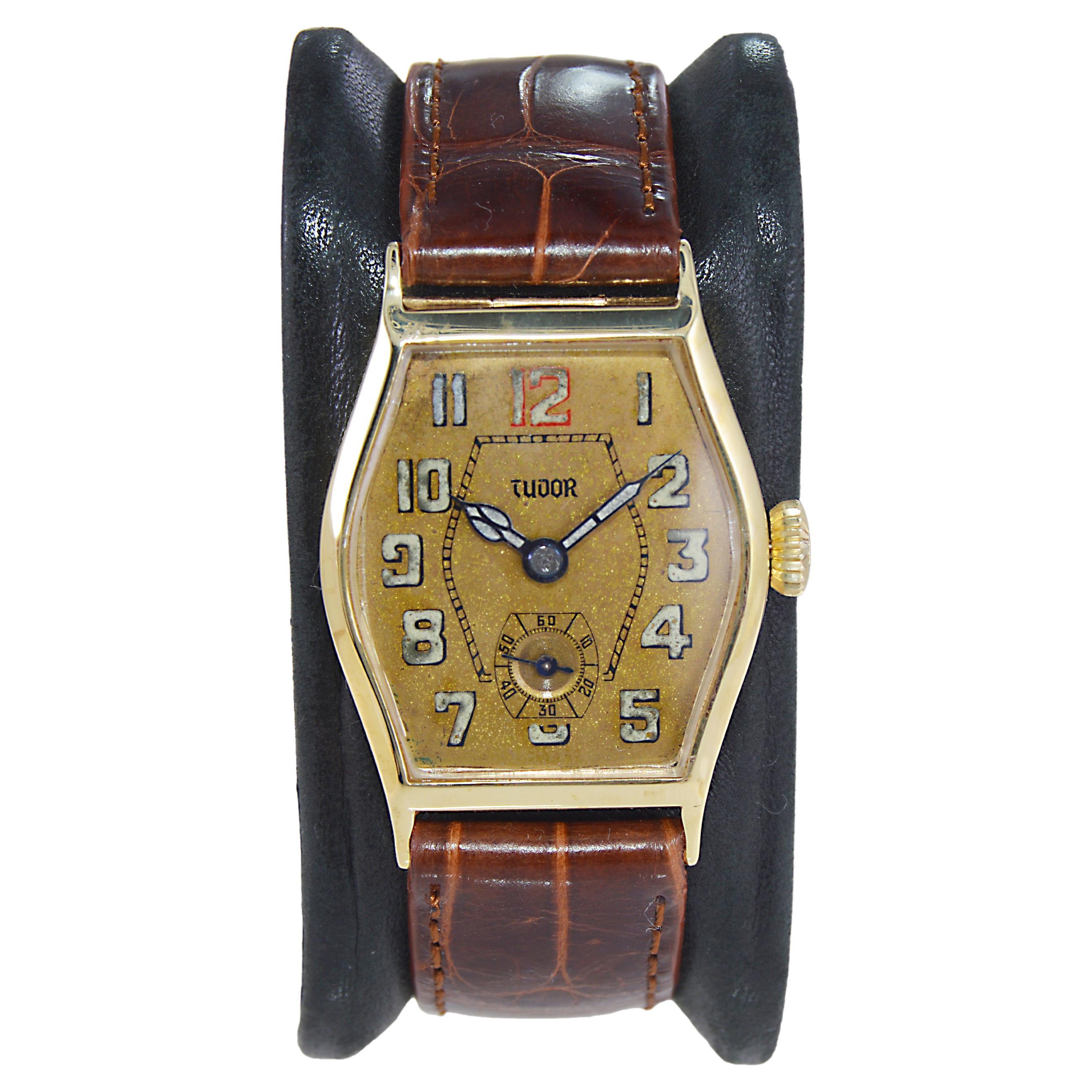 FACTORY / HOUSE: Tudor Watch Company by Rolex
STYLE / REFERENCE: Tortue Shape
METAL / MATERIAL: 9kt Rose Gold
CIRCA / YEAR: 1932
DIMENSIONS / SIZE: 39mm x 27mm 
MOVEMENT / CALIBER: Manual Winding / 15 Jewels 
DIAL / HANDS: Original with Original