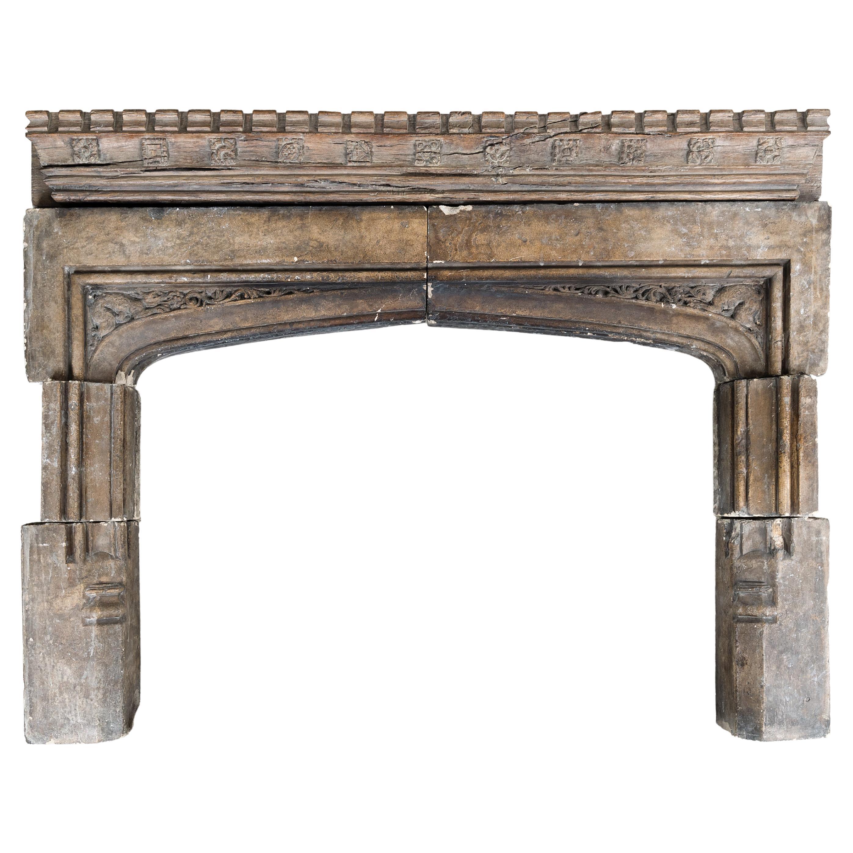 Tudor Arched Stone Recessed Fireplace